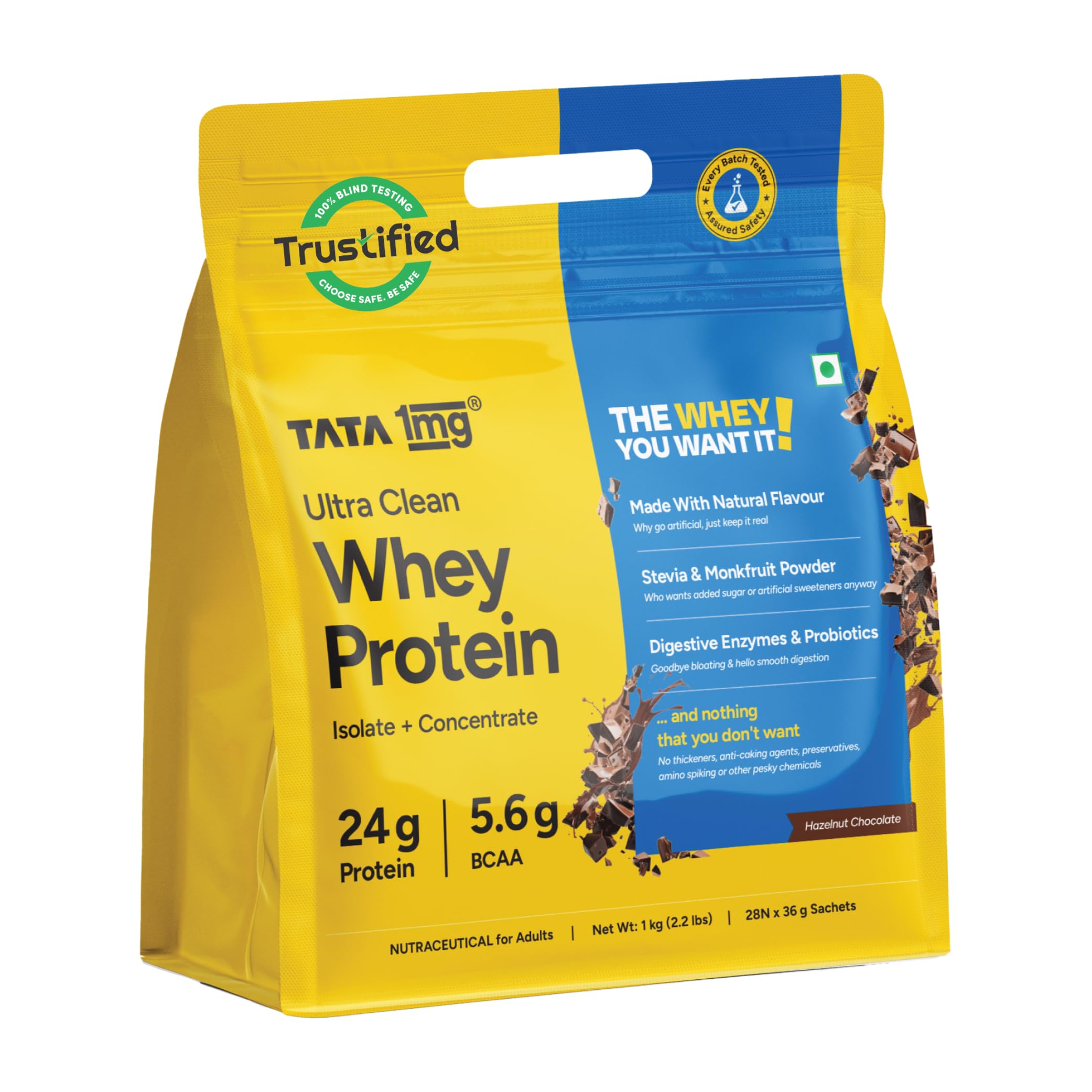 Tata 1mg Ultra Clean Whey Protein Isolate + Concentrate - Hazelnut Chocolate 1kg | 24g Protein, 5.6g BCAA & 30B CFU Probiotics-28 Sachets