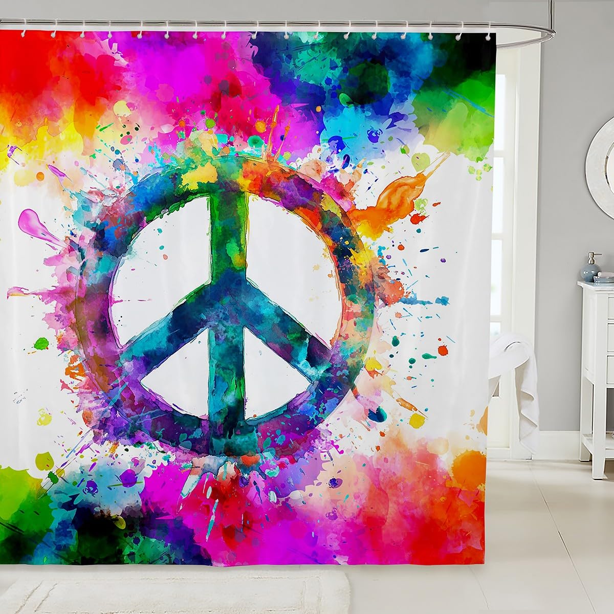 Peace Symbol Tie Dye Waterproof Shower Curtain Set - Colorful Hippie Bath Curtain, Rainbow Bathroom Accessories for Men & Women - Plain White Fabric,