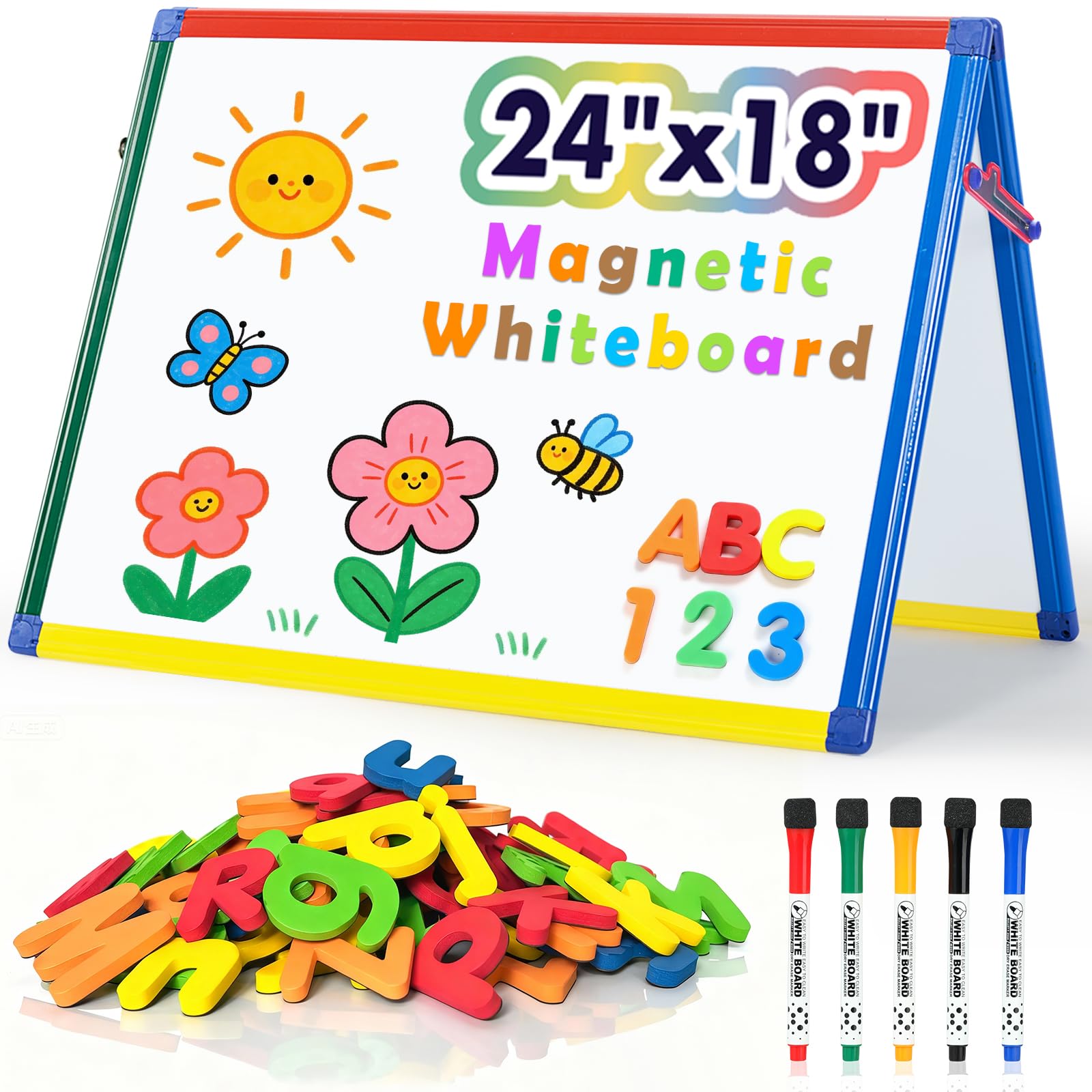 SWANCROWN Magnetic Board for Kids - Tabletop White Board for Children- 24x18 Inch Double Sided Foldable Dry Erase Board Standing with 82Pcs Alphabet