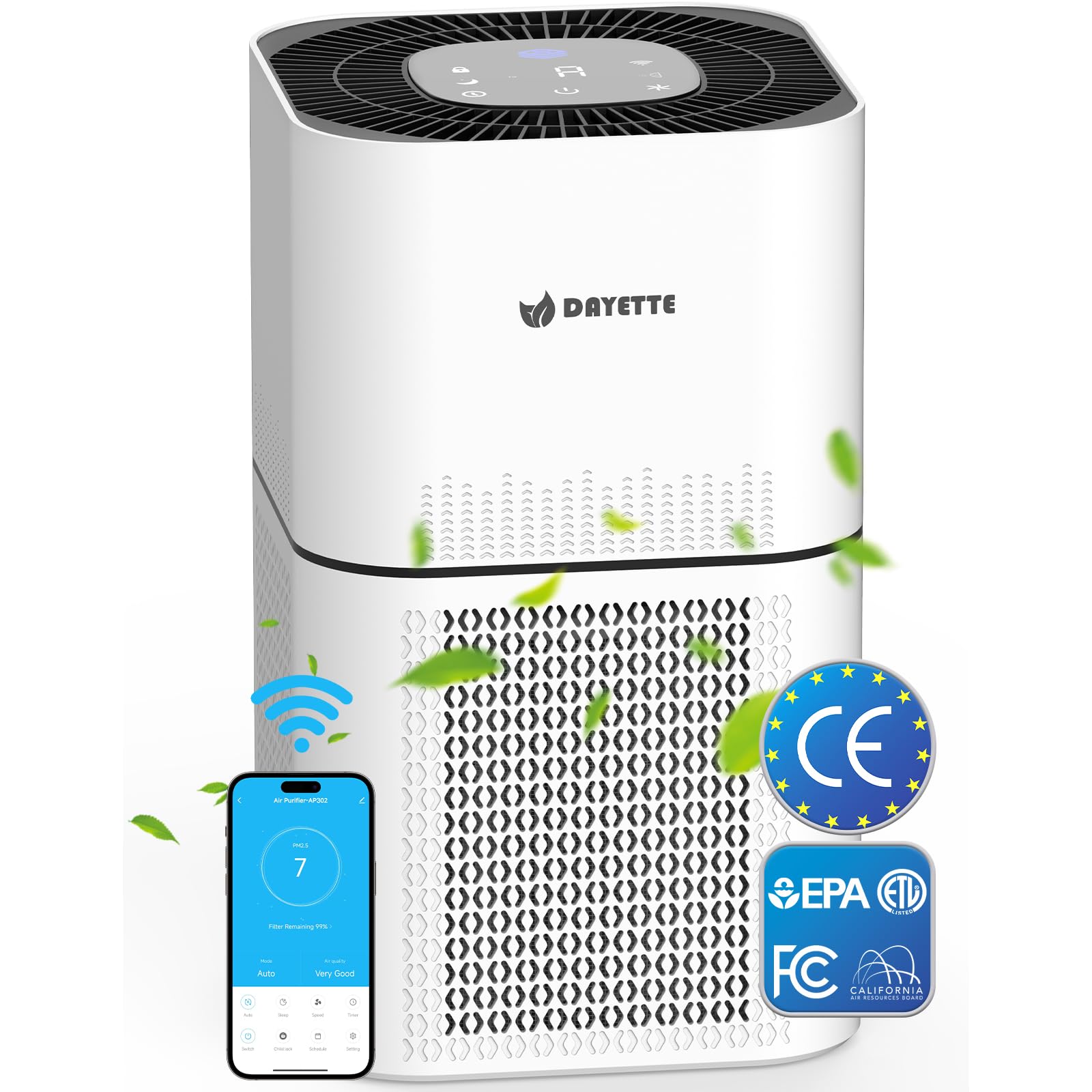 DAYETTE Smart Wifi Air Purifiers for Home Large Room Bedroom Up to 1300ft², HEPA Filter with Real Time Air Quality Sensor for Allergies, Dust, Odors, Pet, Pollen