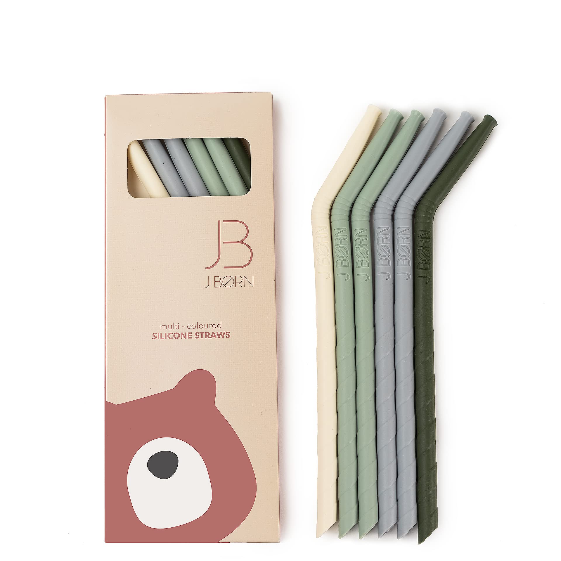 J.Børn 6 Pcs Reusable Silicone Straws with 1 Cleaning Brush | 21cm Long 5.5mm Wide Bend Drinking Straws | Premium Food-Grade Silicone Straws | Soft Flexible Straw for Children & Elderly (Green)