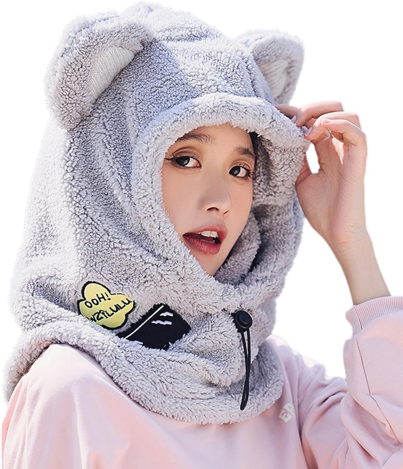 ThiCc Capuche Sherpa pour femme – Chapeau mignon avec oreilles de lapin et de chat en peluche pour l'hiver, l'équitation, le ski, la cagoule coupe-vent pour temps froid, capuche chaude réglable