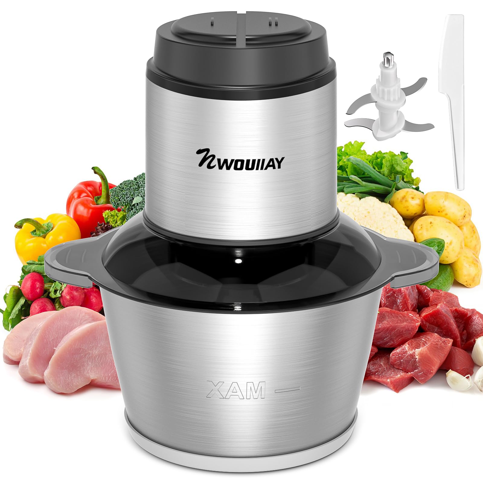 Picadora de Carne 300W Trituradora de Eléctrica Alimentos Multifuncional Recipientes de 2L y 2 Velocidades 4 Cuchillas Afiladas Trituradora para Carne, Verduras, Frutas y Frutos Secos