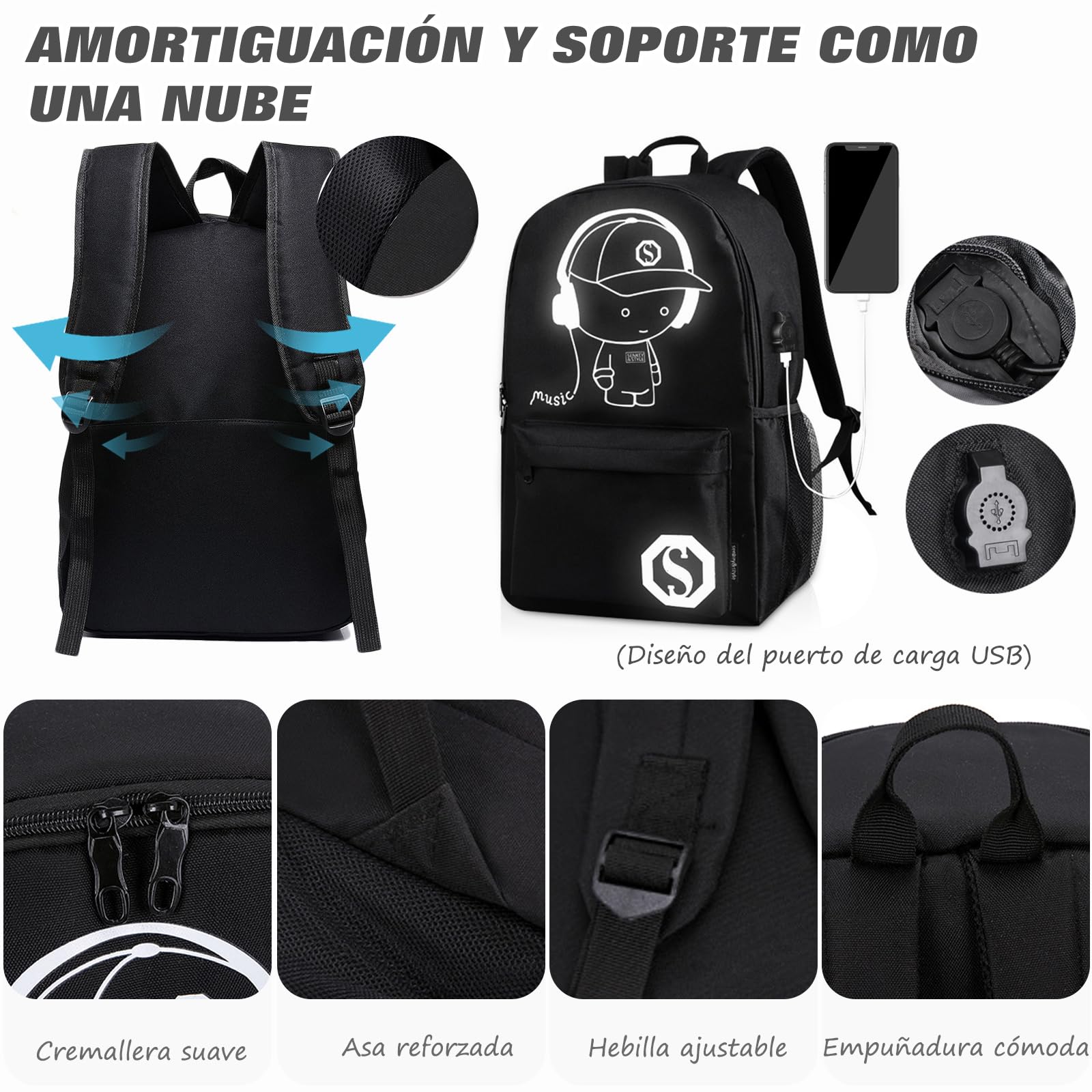 FANDARE Mochila Luminoso Bolsa de Escuela Unisexo Mochilas Tipo Casual Bolsos de Mujer Hombre Bolsa de Viaje Niña Niño School Bag Adolescente Knapsack con USB Daypack Impermeable Poliéster