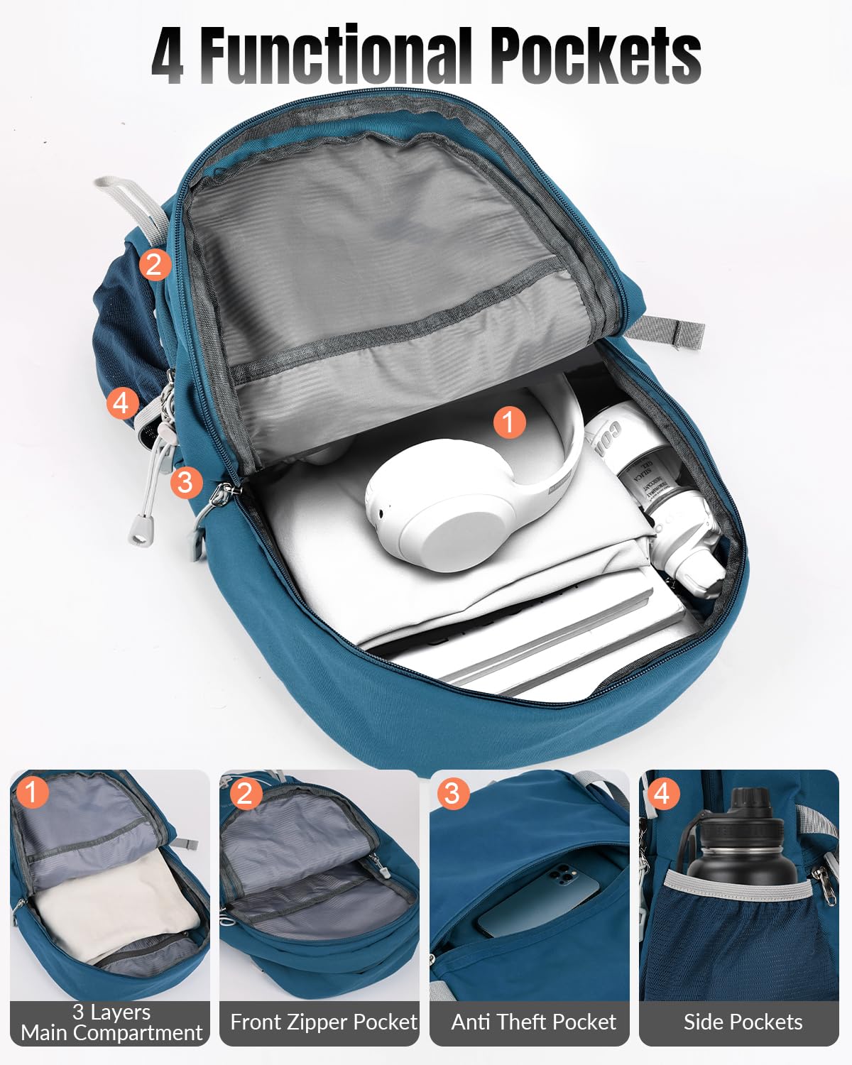 Zaino da trekking pieghevole da 35 l, unisex, leggero, con cinghia toracica, grande zaino pieghevole per campeggio, viaggi, sport, Blu, L, Casual