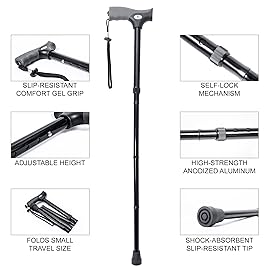 FSA/HSA Eligible, Vaunn Medical Easy Grip Height Adjustable Folding Cane/Walking Stick with Strap/Pouch- Compact, Portable, and Safe Walking Assistant- Non-Slip Grip Handle- Men, Women, Elderly