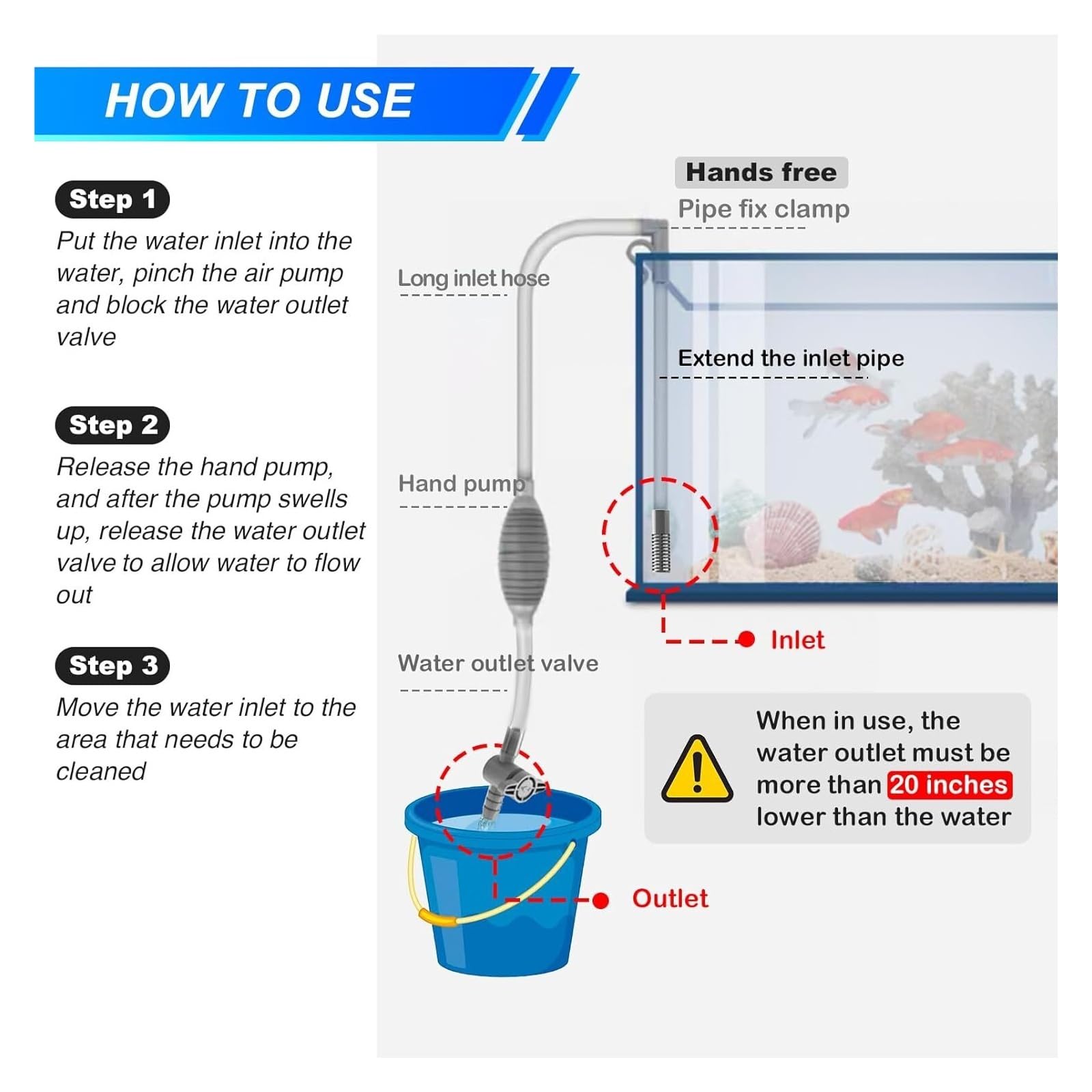 Kit de Herramientas de Limpieza con Tubo de extensión for pecera Grande, sifón for Acuario, Grava al vacío/Lavado de Arena y Cambio de Agua(Large-2.6M)