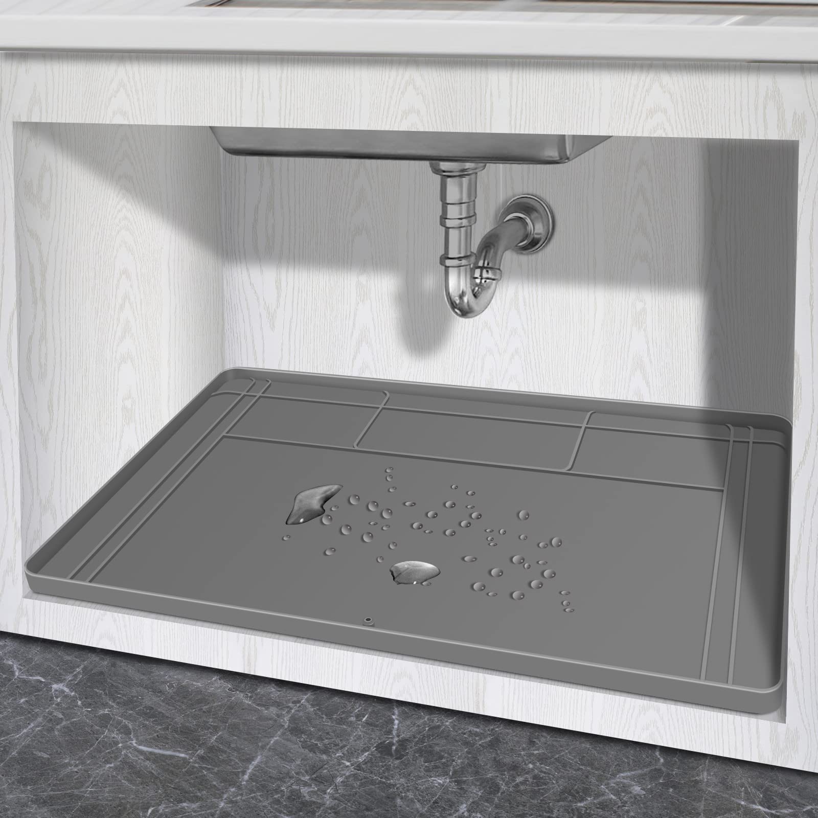 Under Sink Mat, 34" x 22" Silicone Cabinet Tray for Kitchen, Waterproof Kitchen Bathroom Cabinet Protector Liner with Drain Hole for Drips Leaks Spills Tray (Gray)