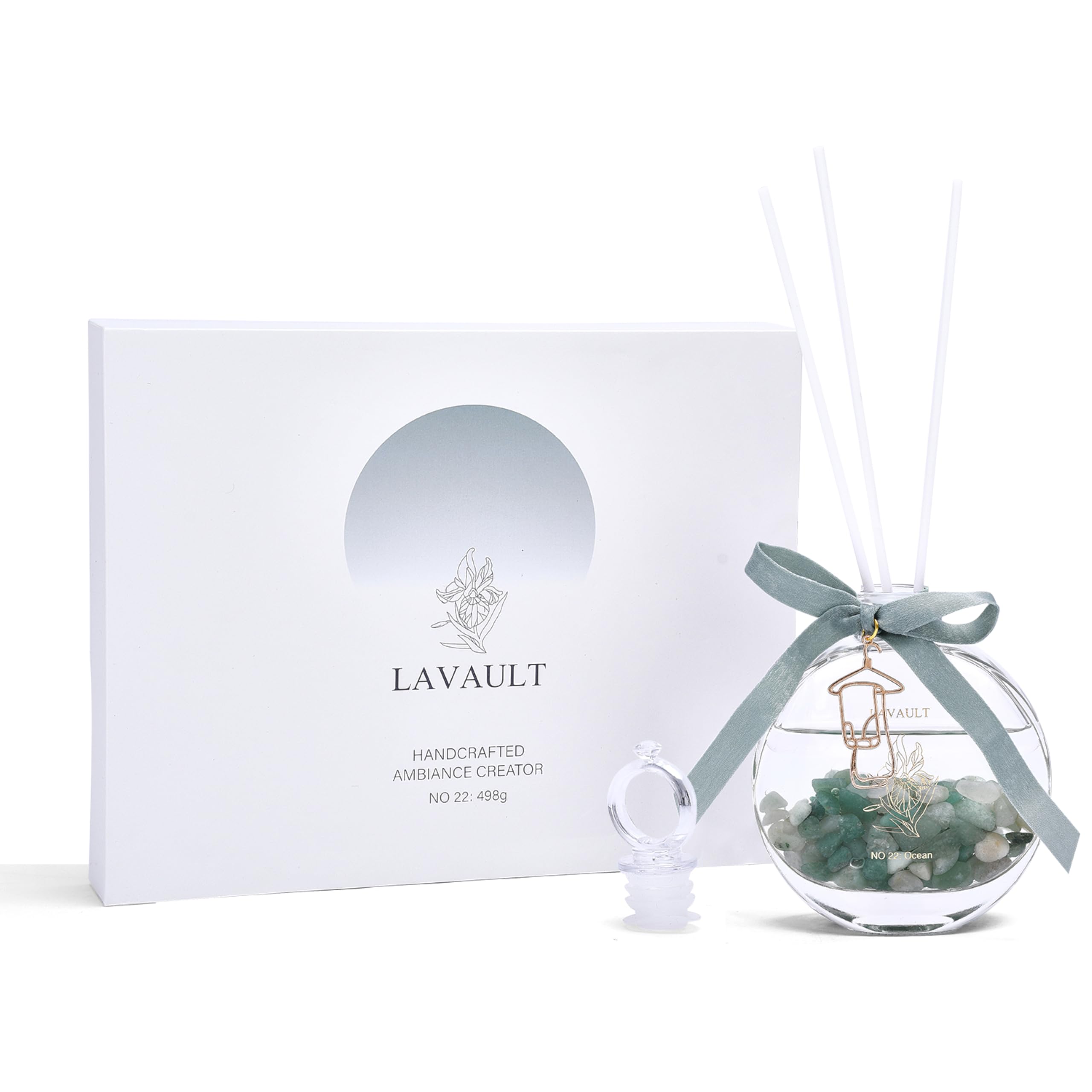 Lavault Reed Scent Diffusers for Home - Aromatherapy Oil Reed Diffuser with Sticks for Bedroom, Bathroom, and Office - Sphere Décor with Real Colored Stones Green - Ocean Aroma
