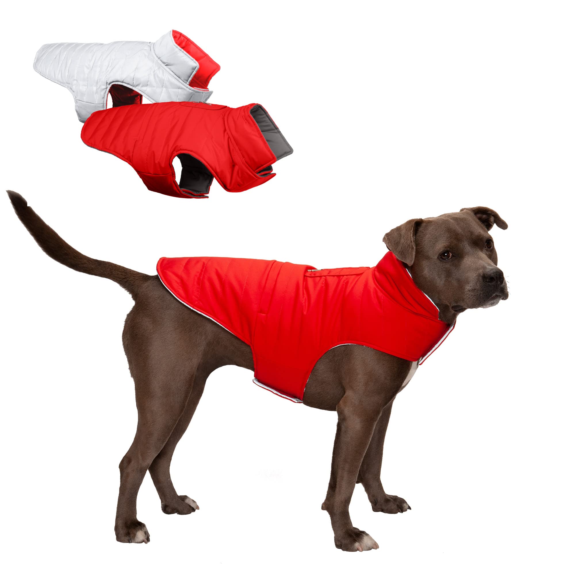 Furhaven Water-Repellent & Reversible Medium Dog Coat, Washable & Reflective w/Leash Access, Pocket, & Carry-On Purse - Puffer Dog Jacket - Red, Medium — image 1
