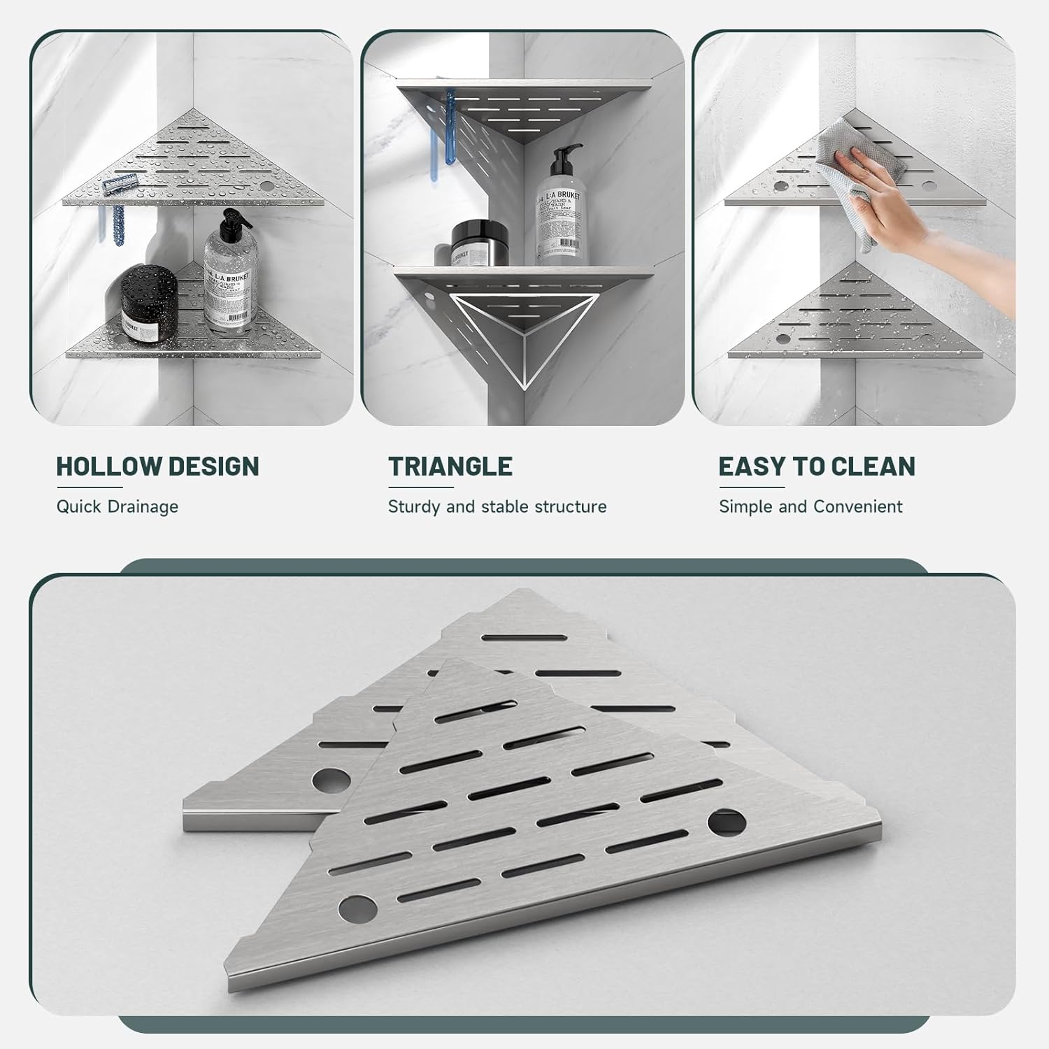 10" Corner Shower Shelf, 304 Stainless Steel Slot Design Bathroom Shower Shelf, Recessed Corner Shelves for Tiled Wall, 2 Pack, Brushed Nickel