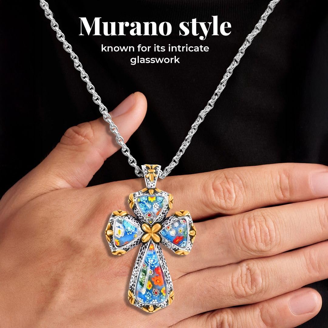 Shop LC Cross Necklace for Women Black Oxidsized Murano Style Colorful Glass Flower Stainless Steel Chain Size 20" Catholic Faith Religious Jewelry Christian Gifts