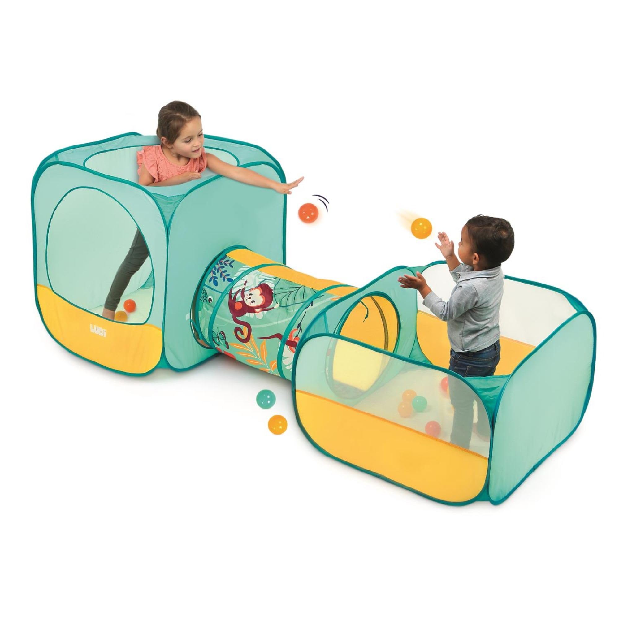 Ludi — Jungle Pop-Up-Spielplatz — Würfel-, Tunnel- und Ballserie — 3 lustige Bereiche — 30 Bälle im Lieferumfang enthalten — leicht und tragbar mit Tragetasche — stimuliert motorische Fähigkeiten