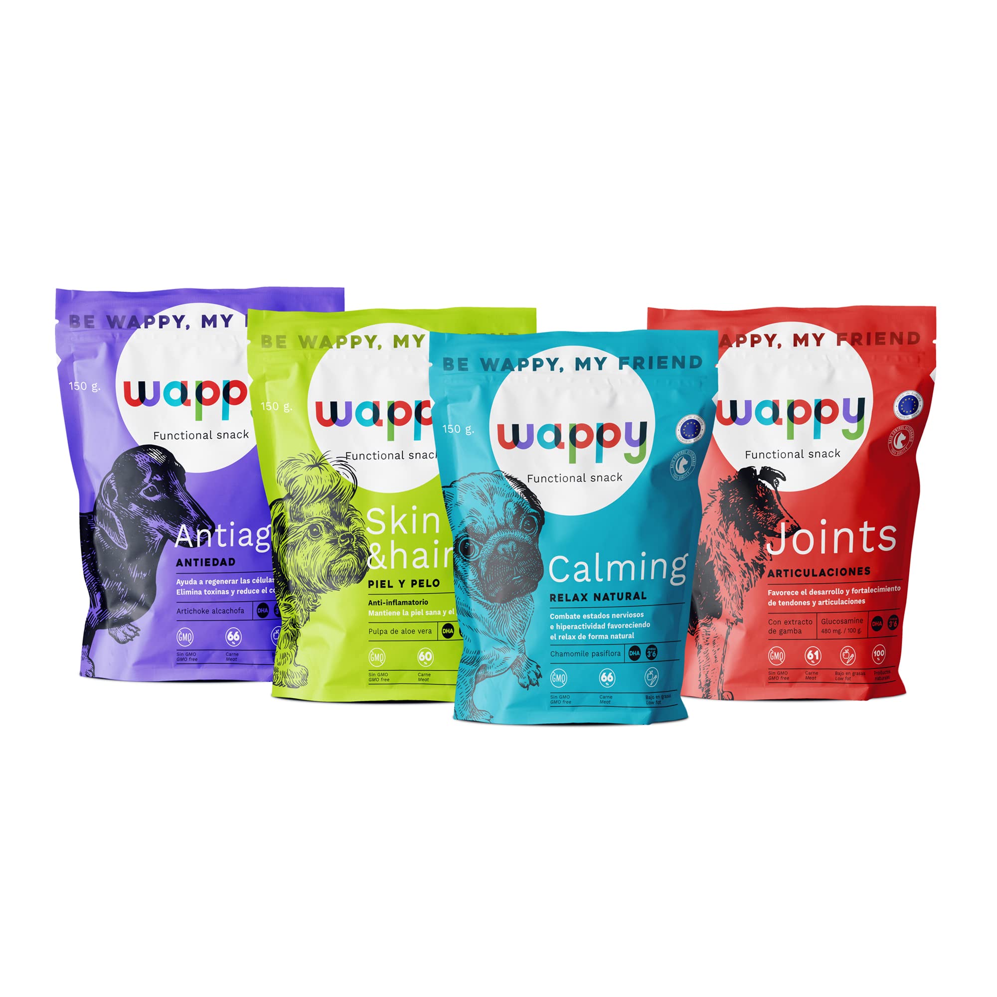 WAPPY - Pack Funcional Snack | Incluye 4 Snacks Distintos para Perros | Cuida su Pelaje y Piel | Amansa Sus Nervios | Mejora su Energía | Antiedad | Cada Uno de los Paquetes Contiene 150 gr