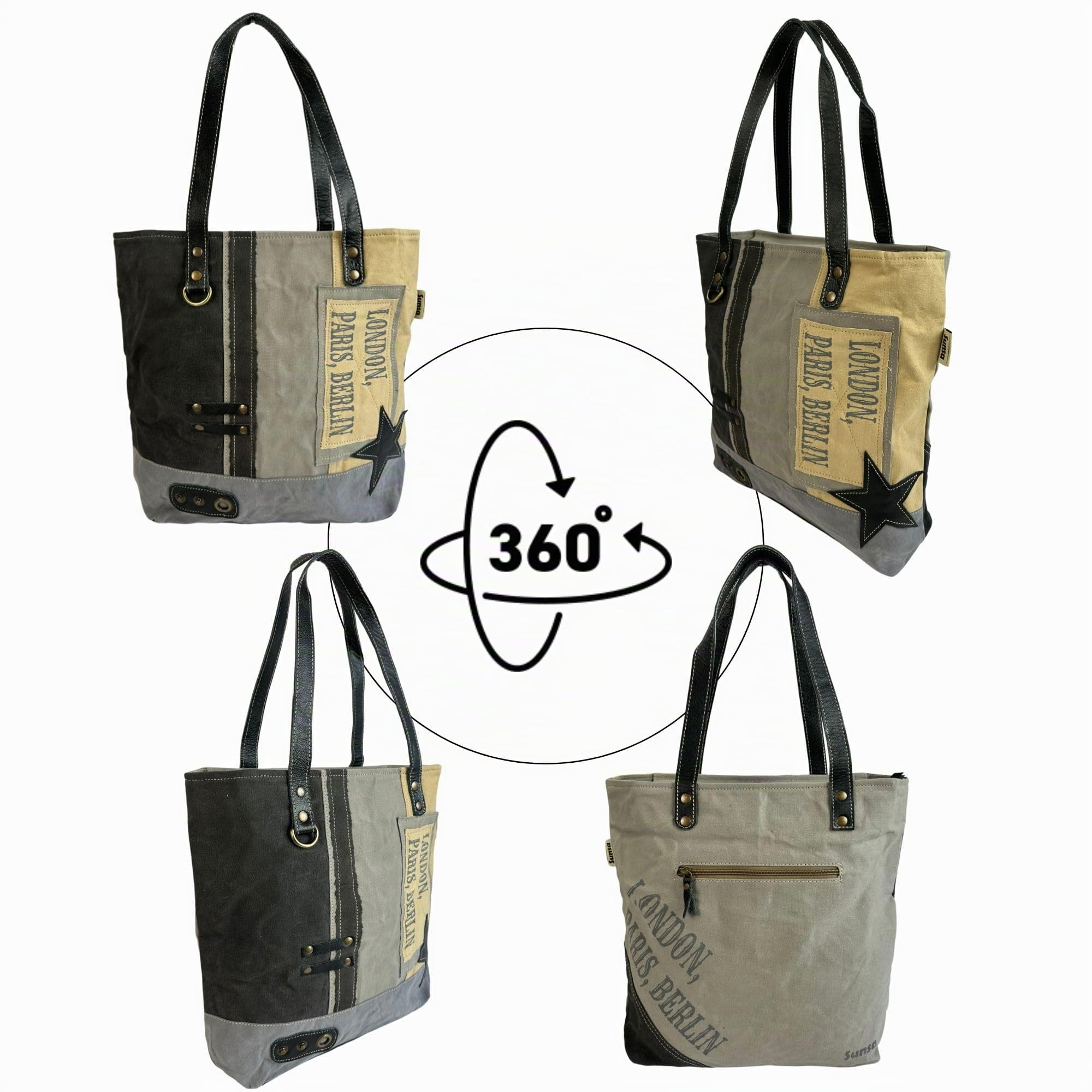 Sunsa Damen Handtasche. Große Shopper in Vintage Retro Stil mit Stern.