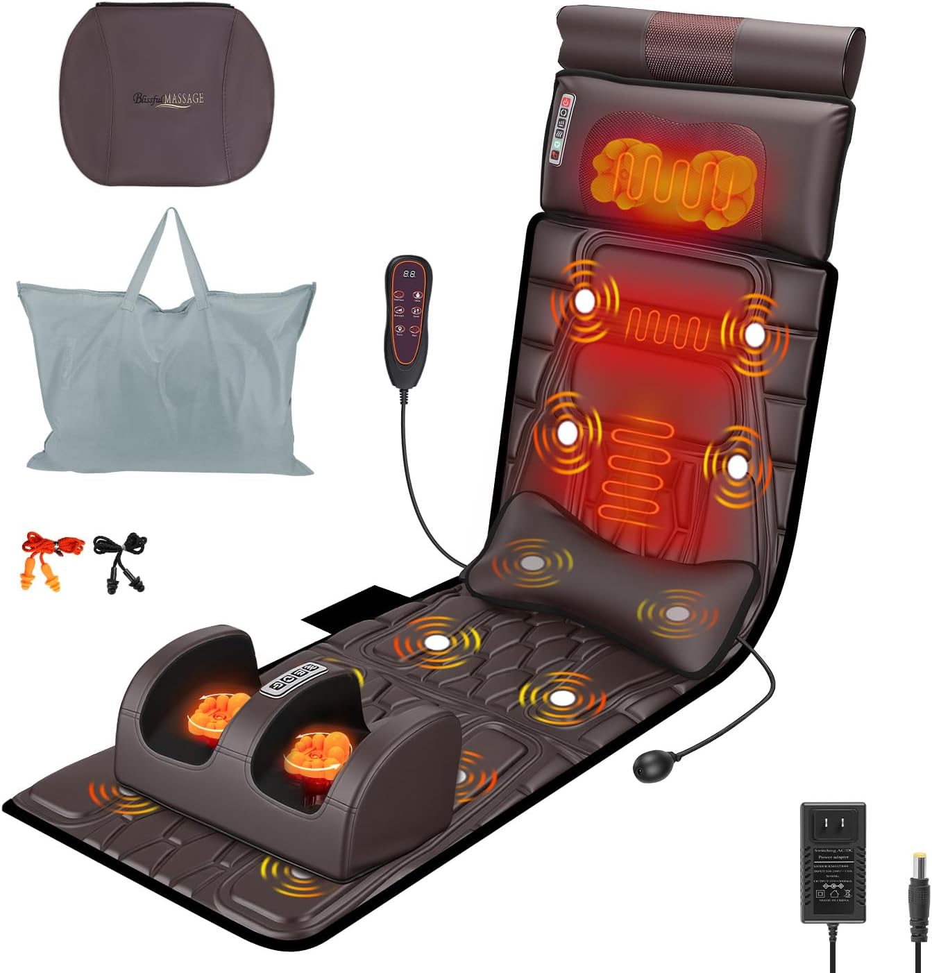 Full Body Massage Mat with Heat, Detachable Shiatsu Neck and Foot Massager, Vibration Massage Mat for Back Pain Relief, 9 Modes 3 Timers, Inflatable Lumbar Pillow, Home Office Gift for Men Women