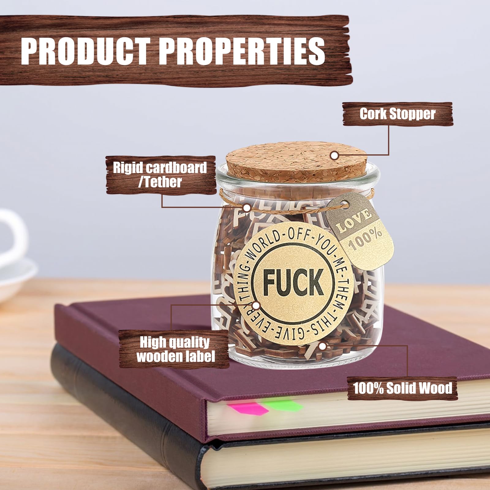 300 PCS Wooden Fucks To Give - Funny Gag Gift Jar With Letter Pieces For Stress Relief & Office Decor