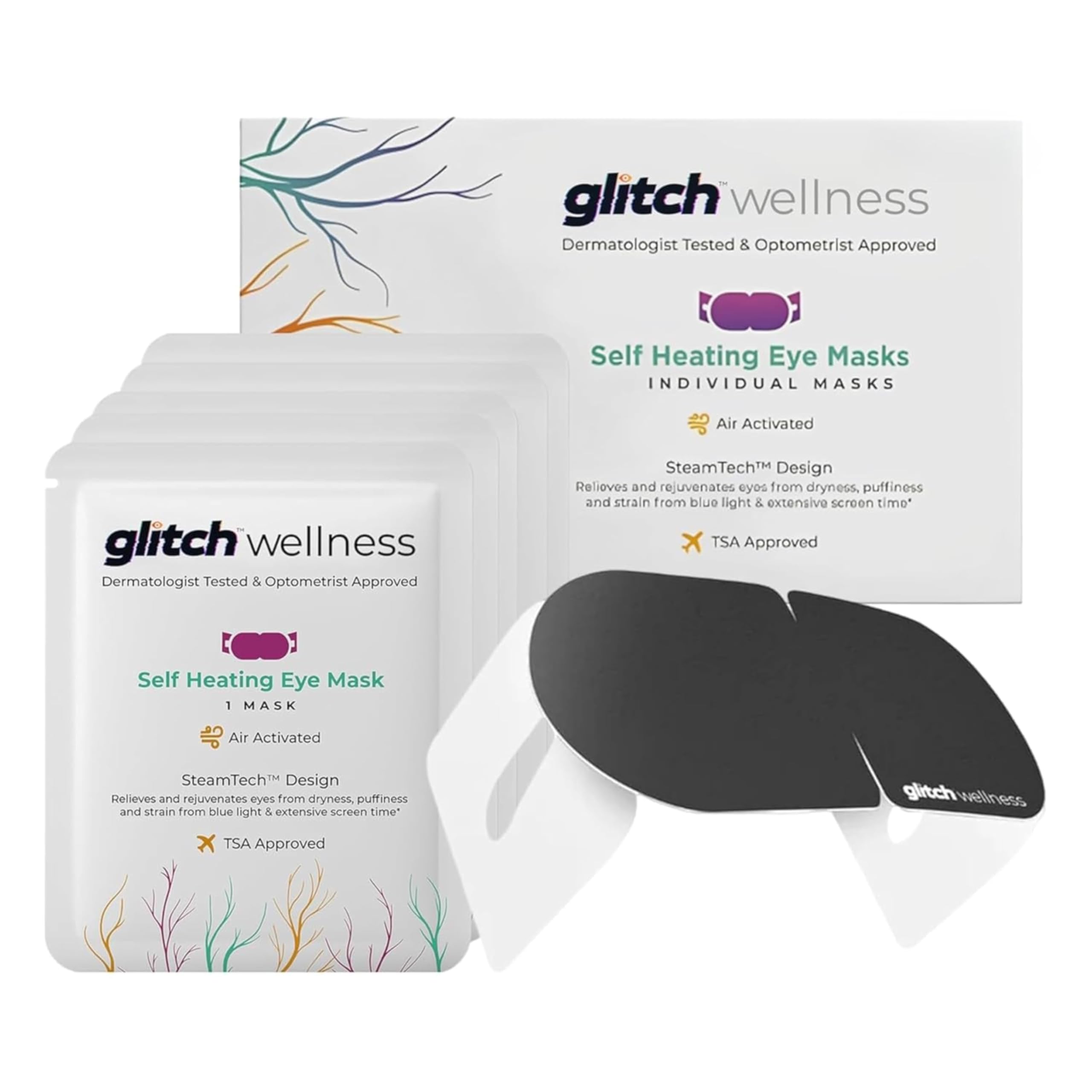 Glitch Self Heating Eye Mask - Steam Eye Mask for Dry Eyes, Soothing Relief, Stress Reduction - Disposable Warm Eye Compress Moist Heat