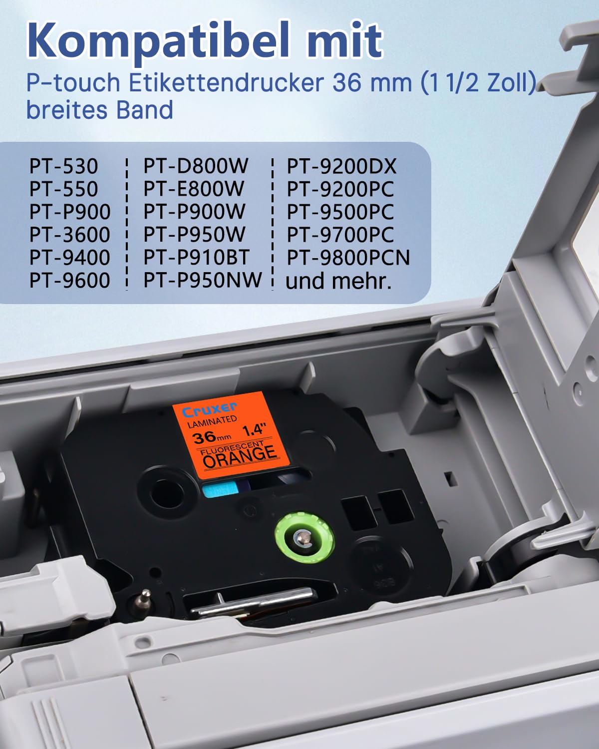 Cruxer 8er-Pack Kompatibel mit P-touch TZeB61 36 mm Schwarz auf Orange | TZe-B61 Laminiertes Etikettenband Ersatz für Ptouch PT-530 550 3600 9200pc 9200DX 9400 9500PC 9600 9700PC Etikettendrucker