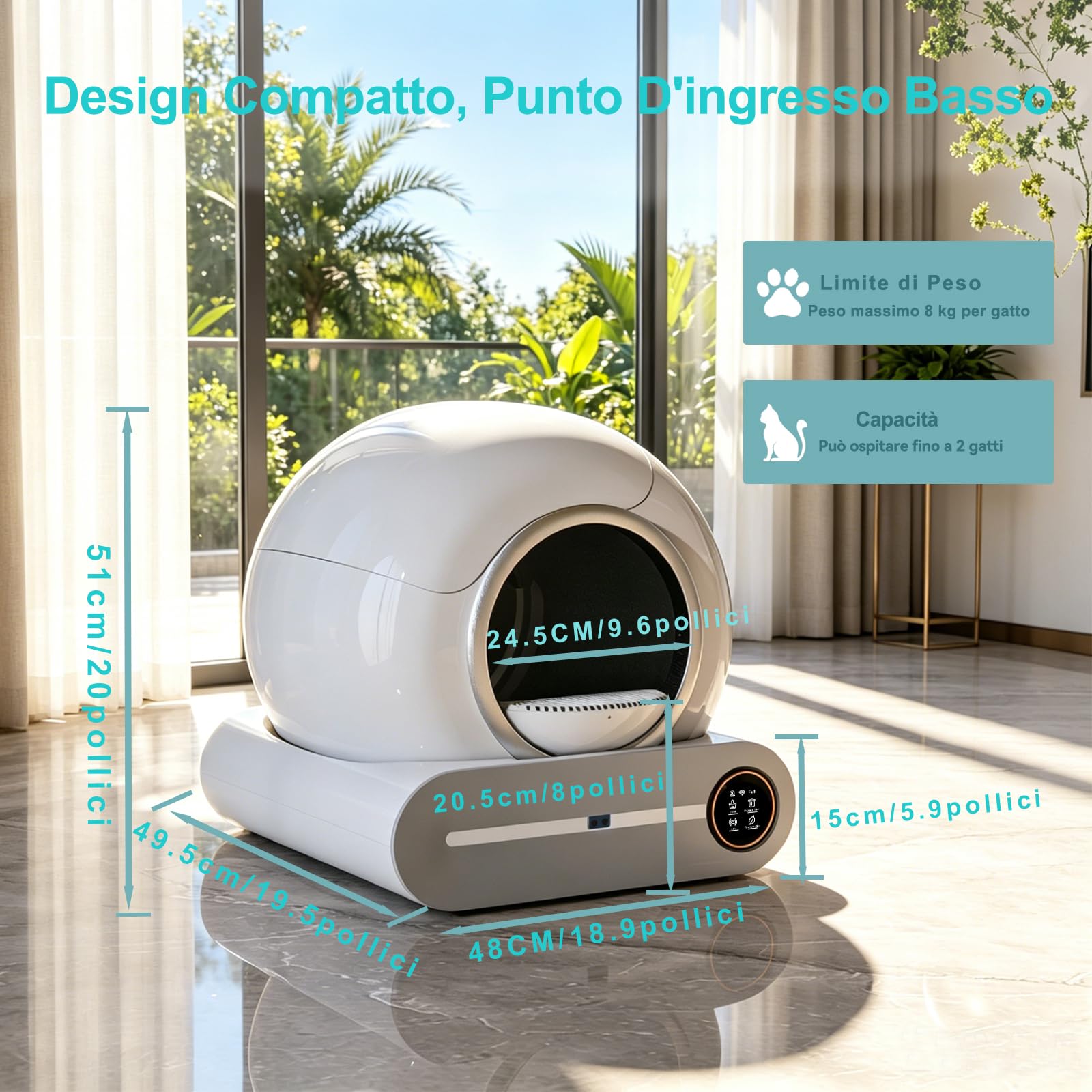 Lettiere Autopulenti Gatti 74L con 2 Filtri e 6 Rotoli Sacchetti | Deodorante Ionico, Smart Health Monitor, Comando APP con tappetino Adatte Alle Famiglie con Più Gatti