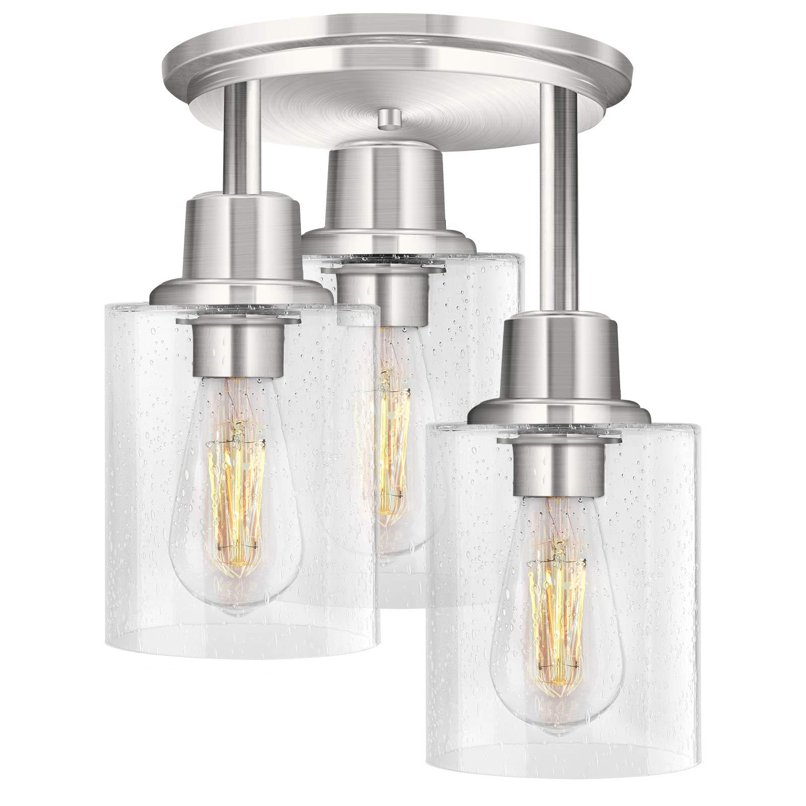 MESOVFCA Semi Flush Mount Ceiling Light, 3-Light Brushed Nickel Light Fixtures Ceiling Mount, Kitchen Light Fixtures with Clear Seeded Glass Shades for Hallway, Entryway, Bedroom