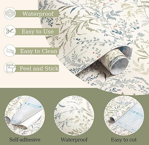 Miniatura 4 de Erfoni Papel tapiz autoadhesivo para despegar y pegar hojas de 16.9 x 118 pulgadas, color verde y beige, papel adhesivo autoadhesivo de hojas