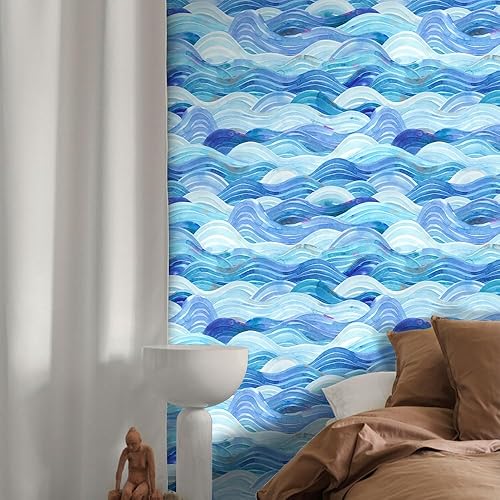 Miniatura 4 de Papel pintado a mano con ondas azules, listo para despegar y pegar, papel tapiz con ondas, autoadhesivo, moderno, extraíble, adecuado para sala de
