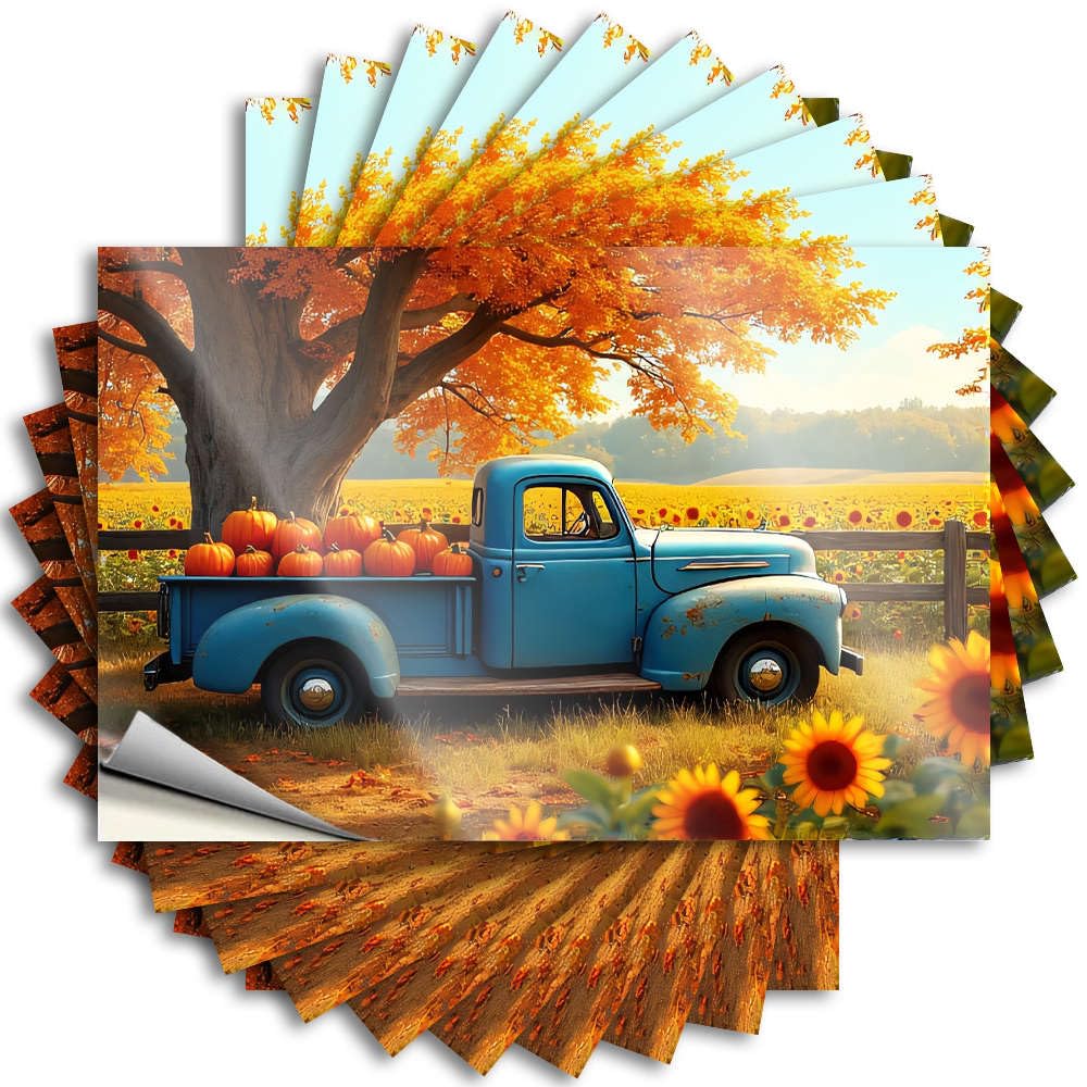 Decal Western Vinyl Sticker | Autumnal Scene with Vintage Truck and Pumpkins. Accent for Football Use(12X18CM)