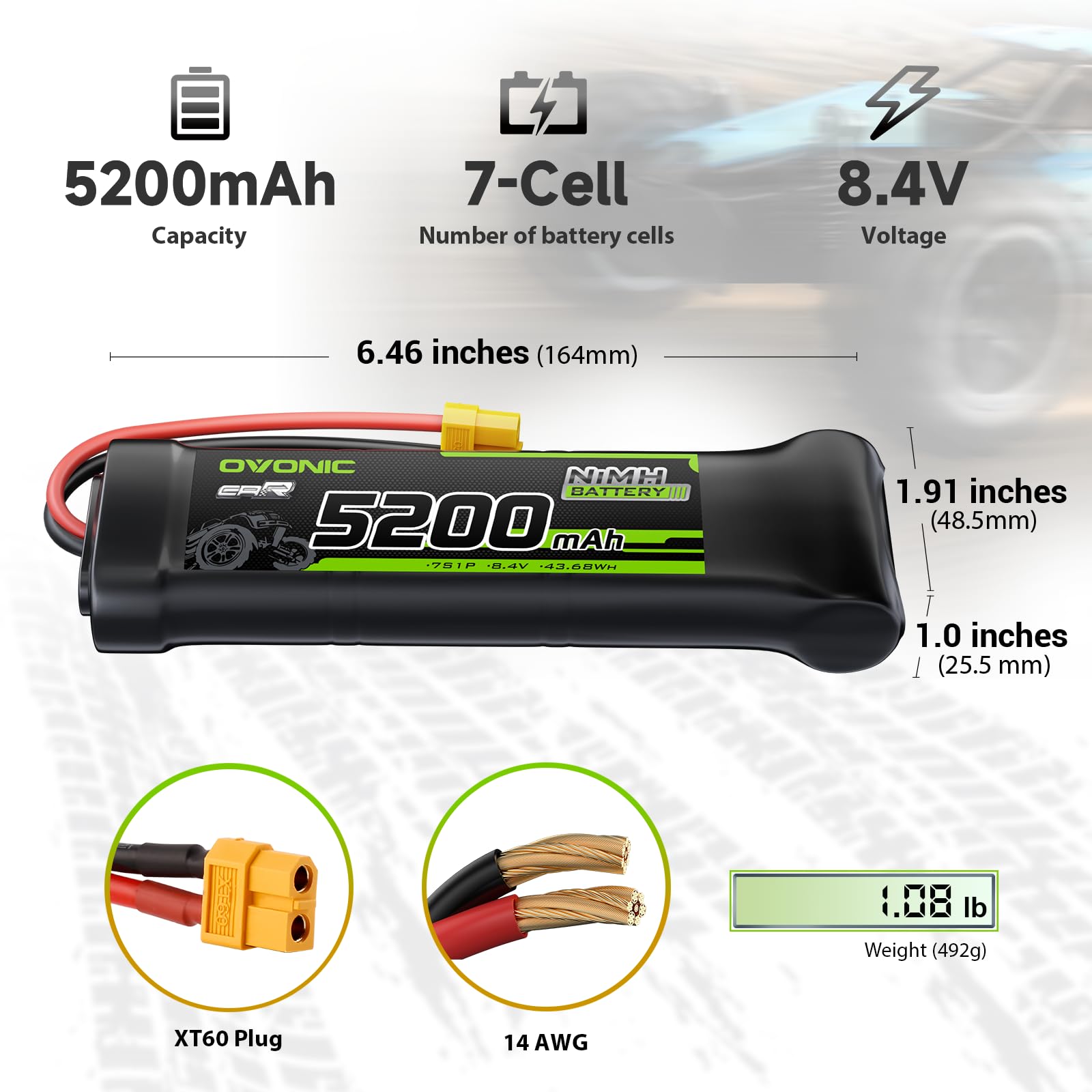OVONIC 8,4 V NiMH RC Akku Flacher 5200mAh mit XT60- und TRA-Anschluss für RC Auto Truck Truggy（2packs