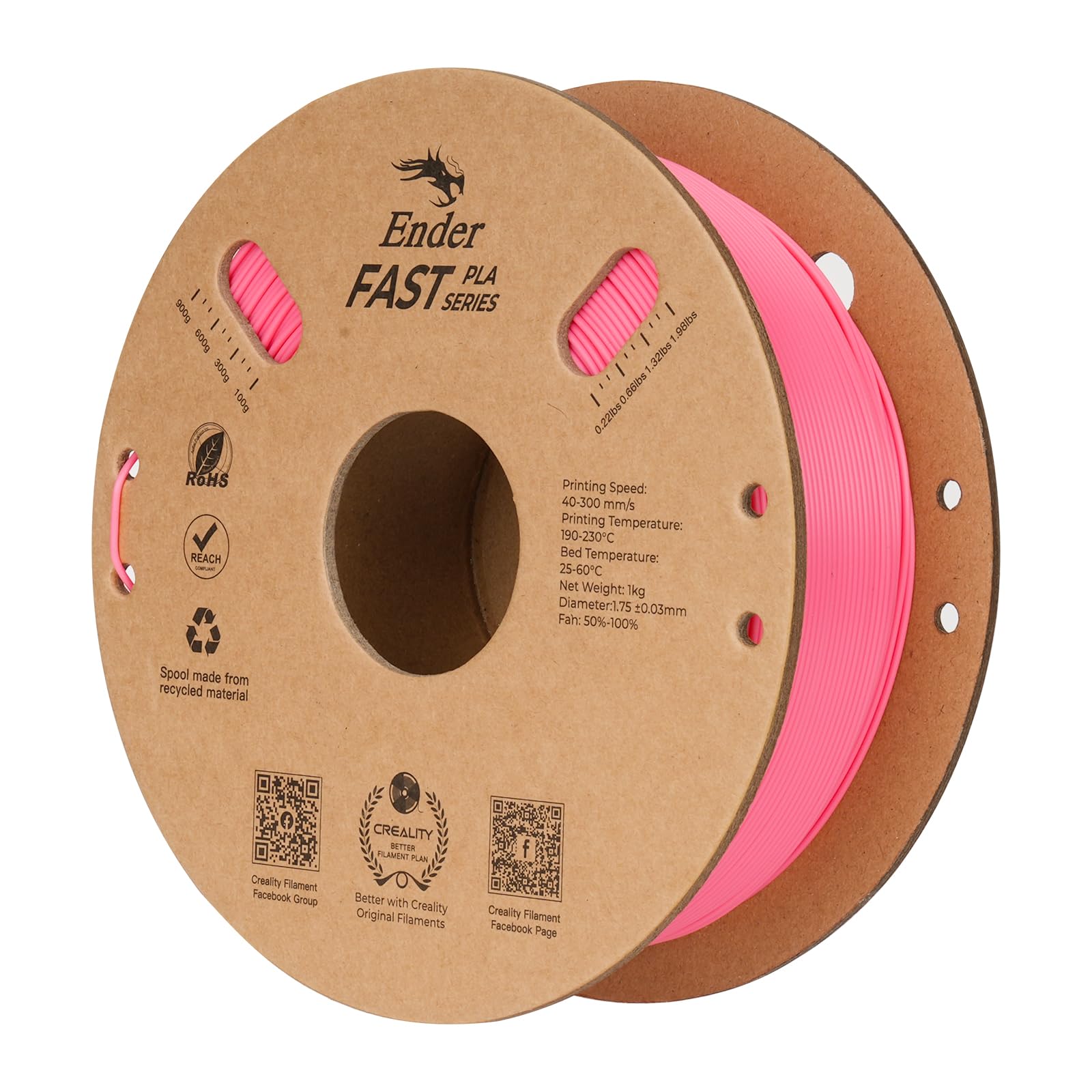 Creality Ender PLA Filamento 1.75mm, ad Alta Velocità 300mm/s senza Aggrovigliamento per Stampante 3D, Precisione Dimensionale +/- 0.02mm, No-Tangling, per la Stampa 3D (Pink*1 Pezzo)