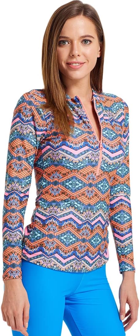 Micosuza Women's Long Sleeve Rashguard Zip Front Sun Protection Swim Shirt Printed Swimsuit Top