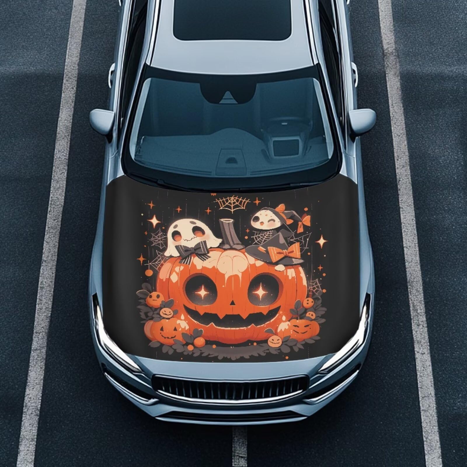 Ghost Pumpkin Car Hood Cover, Removable Halloween Cute Ghost Automotive Exterior Accessories, Washable Elastic Spider Web Car Bonnet All-Season Protection
