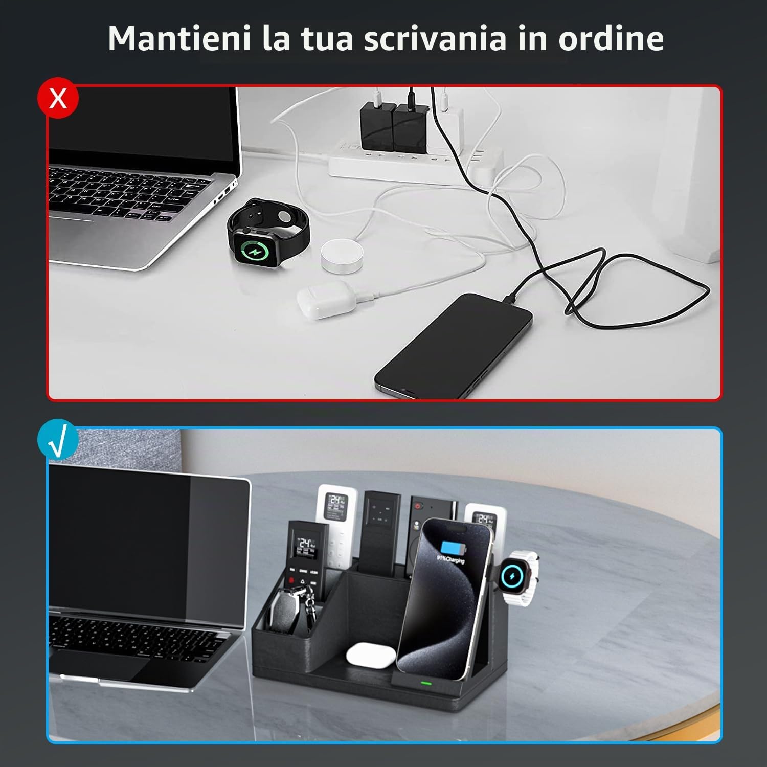 GORESE Organizer da scrivania 3 in 1 con stazione di ricarica induttiva in pelle per ufficio, 30 W ricarica wireless per iPhone 16/15/14/13/12/11/Pro/Max/XS iWatch7/6/5/4/3 AirPods3/2 AirPods 3/2/Pro