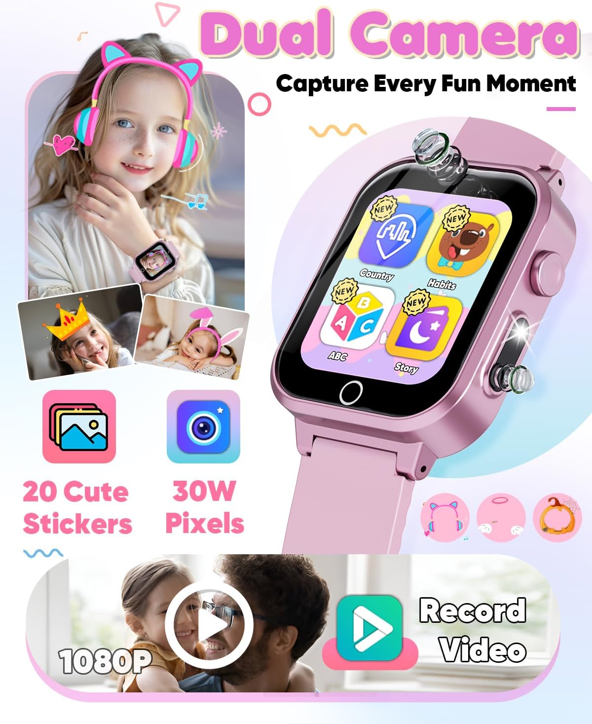 A girl wearing the Ziegoal smart watch, with images showing the dual camera feature and various fun stickers.
