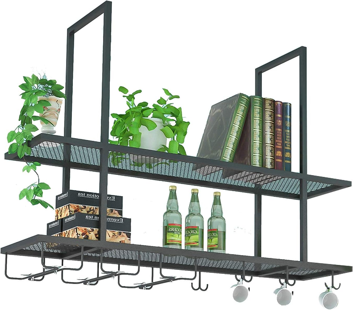 Iron Hanging Wine Glass Rack Ceiling Storage Shelf for Bars Restaurants and Kitchens Black 120 * 30 * 80cm Simple Style Suspended Ceiling Decoration Shelf.