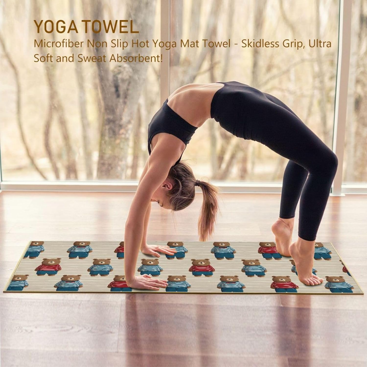 Hot Yoga Towel Bear Cute – Stylish, Non-Slip, Grip Dots, Super Absorbent, 27" x 73" - Yoga Mat Towels for Exercise, Fitness