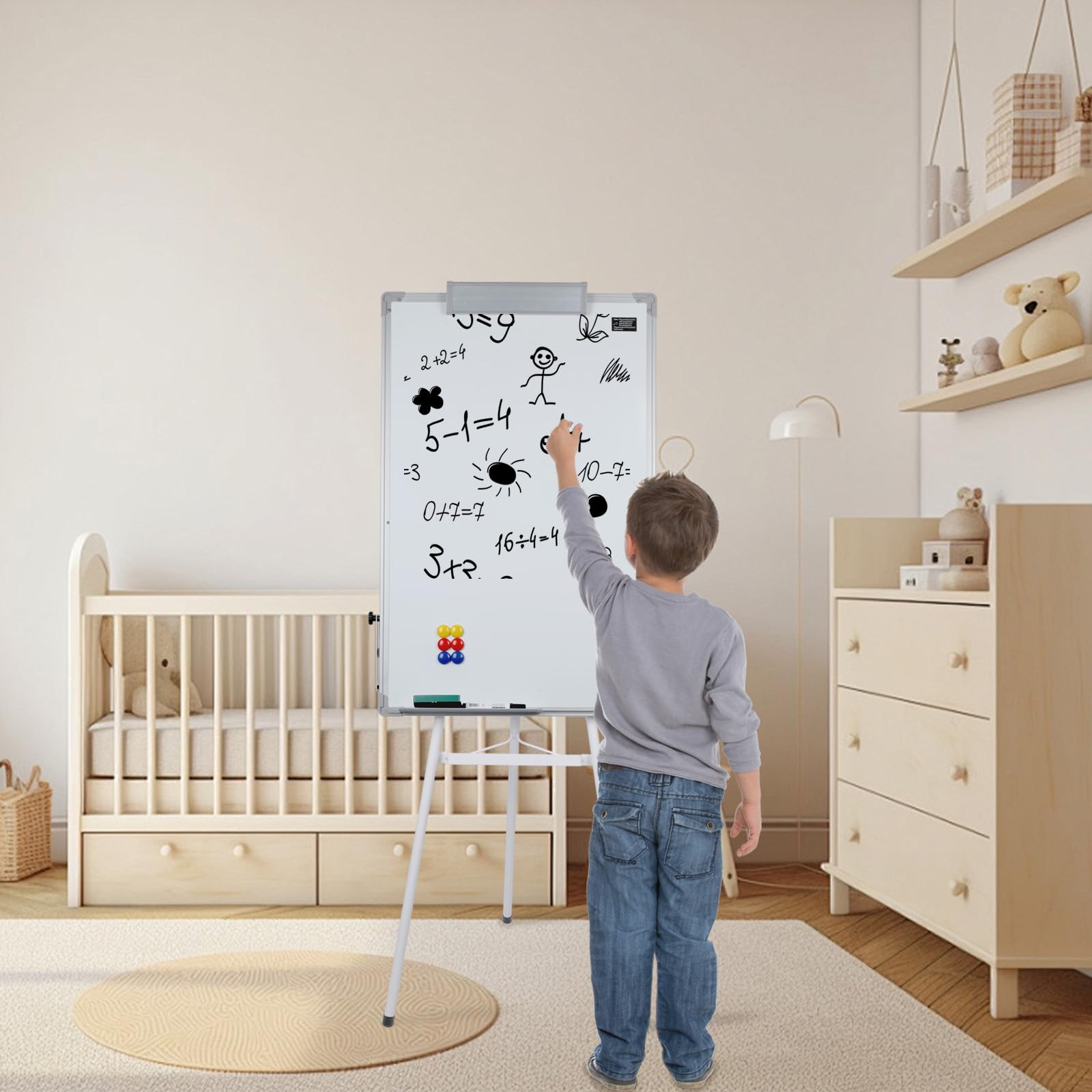 OHMG - Lavagna Bianca Cancellabile su Cavalletto, Efficace a Secco, Magnetica, Altezza Regolabile con Supporto, Mobile, Portablocco per Conferenze (70 * 90 cm - Bianco)