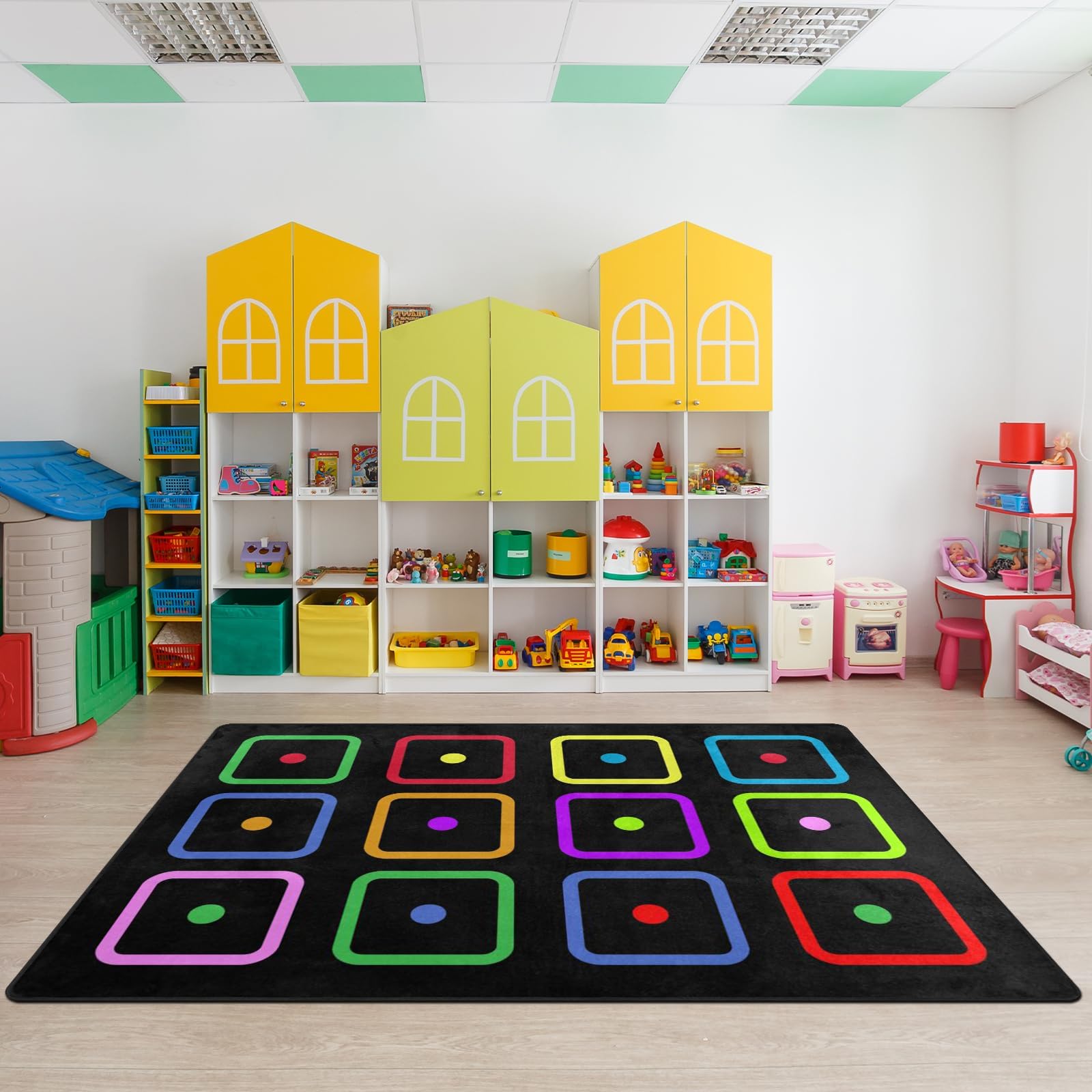 Classroom Carpets Playmat Rugs - 5x7 Ft Kids Rug with Rubber Backing, Color Squares&Dots Classroom Seating Rug Play Mat Nursery Rugs for Preschool Elementary Playroom -12 Seating