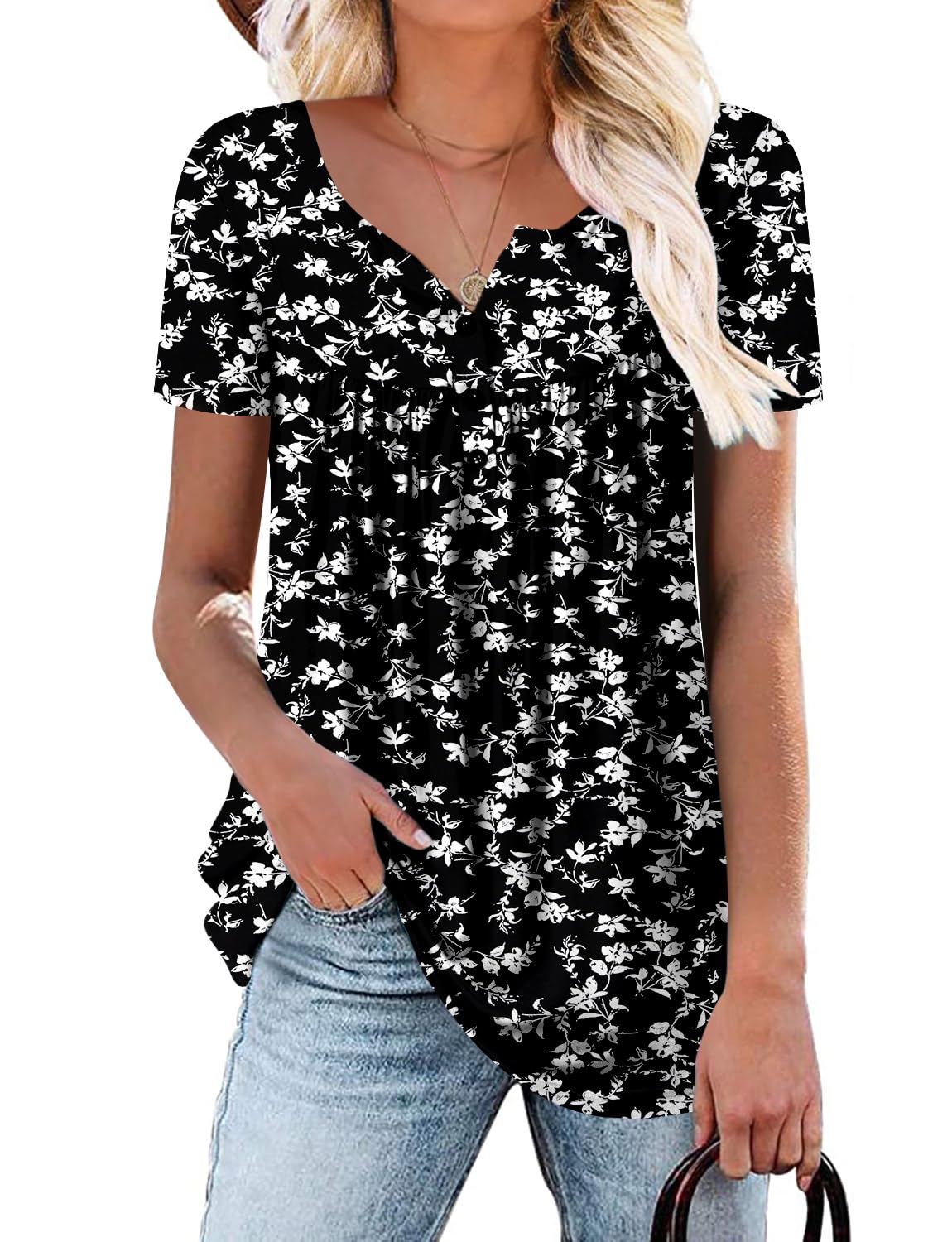 KISSMODA Ladies Pleated Tunic Tops for Women Buttons up Long Sleeve Shirts Floral Print — view 11