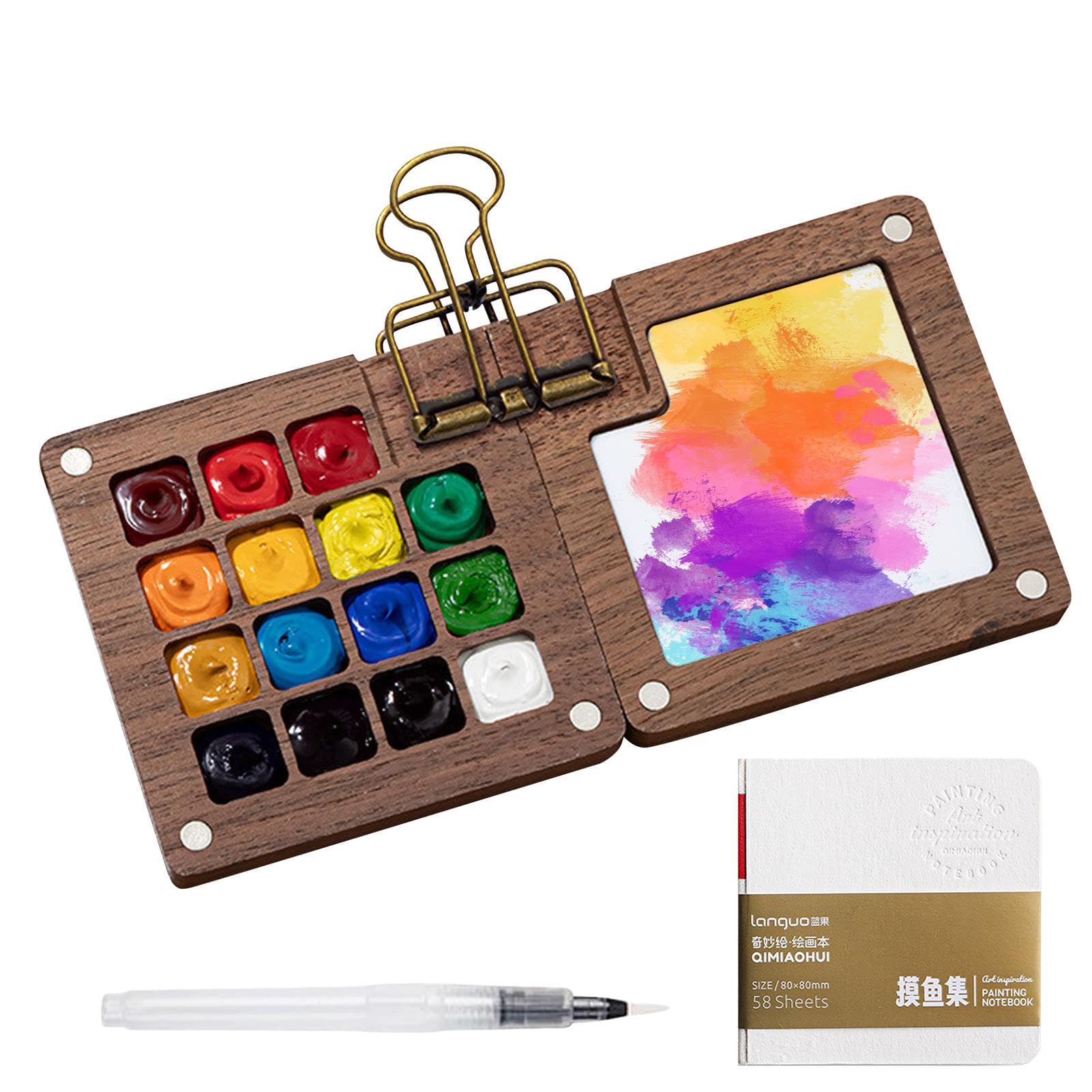 Paleta De Acuarela Portátil De Viaje | Paleta De Pintura Pequeña De Madera | Caja De Pintura De Rejilla De Madera | Juego De Pintura Acuarela Viaje | Paleta Bolsillo con Cuaderno Dibujo Y Bolígrafo