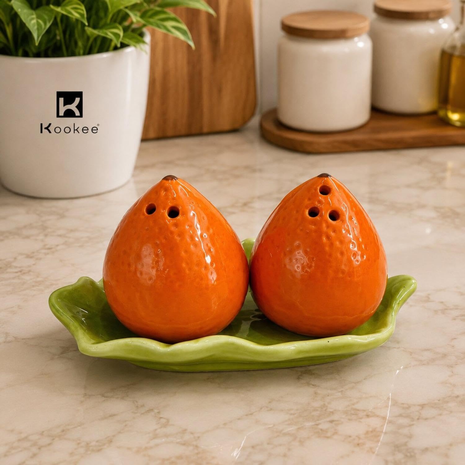 Kookee Ceramic Salt and Pepper Shaker Set with Tray for Dining Table, Orange (12369)