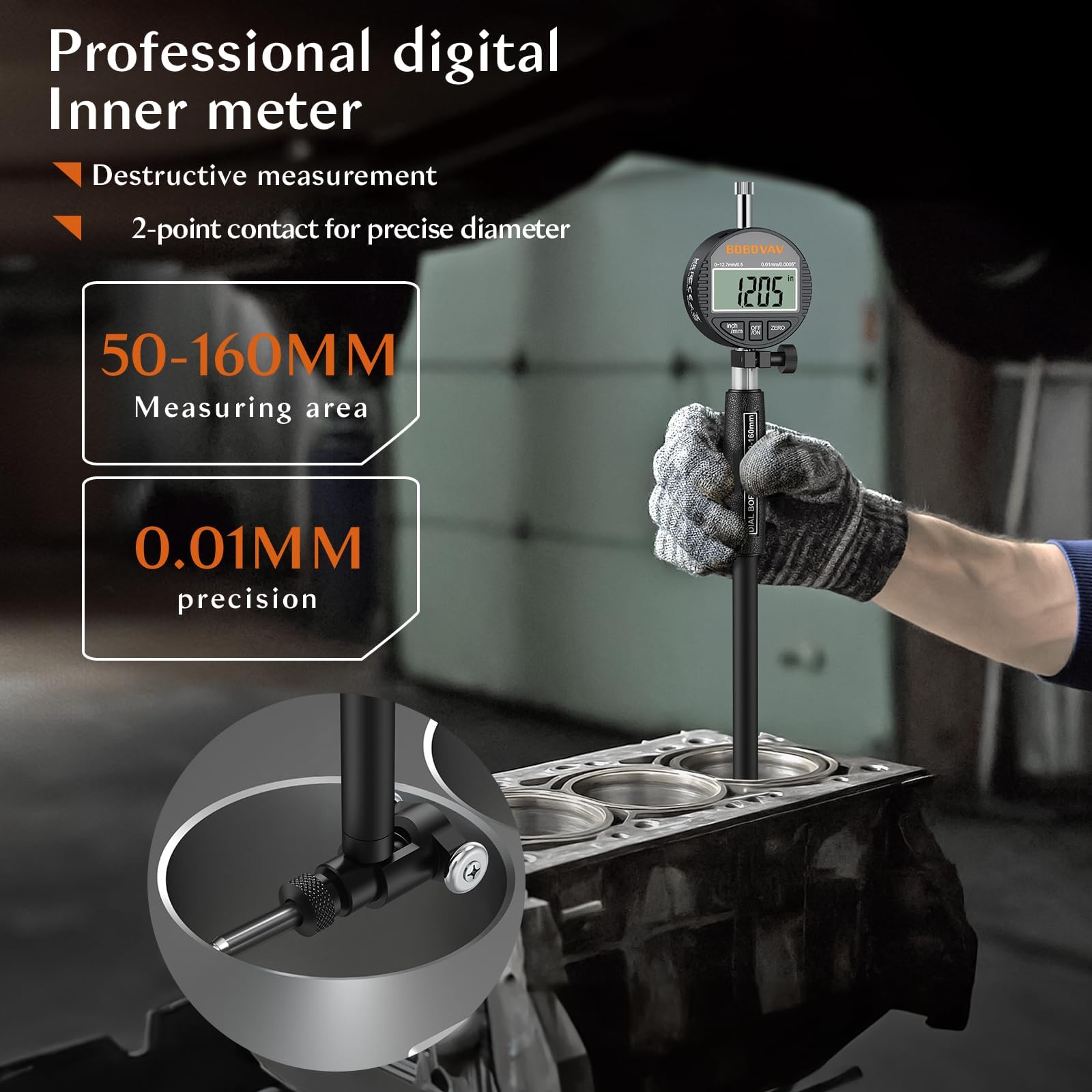 Calibrador de Orificios Digital 50-160 mm, Reloj Comparador Interior Precisión 0,01 mm, Profundidad 150 mm, 12 Cabezales de Medición con Estuche ABS
