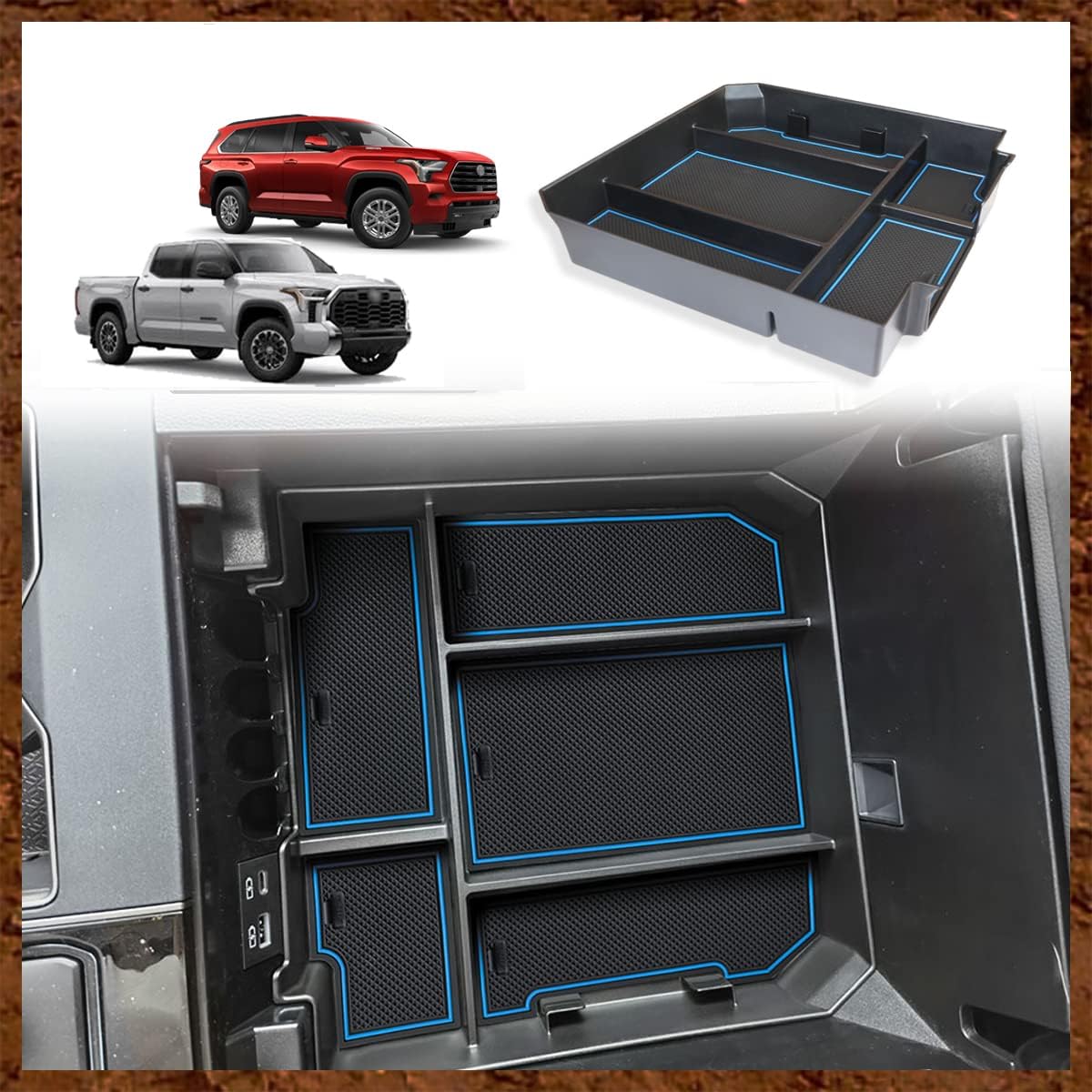 Muslogy Center Console Organizer Compatible with 2022-2025 2026 Toyota Tundra Accessories & 2023-2026 Sequoia Console Storage Box Divider Insert Tray ABS Material with Non-Slip Mats(Rubber Blue)