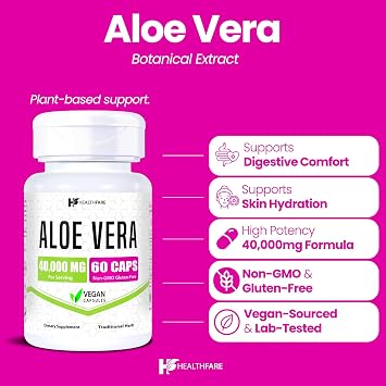 Healthfare Aloe Vera Capsules | 60 Vegan Pills | Inner Leaf Aloe Vera Extract Supplement | Non-GMO, Gluten-Free | Made in USA