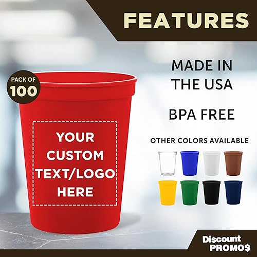 Miniatura 2 de DISCOUNT PROMOS Vasos de plástico personalizados para estadios, 16 onzas, juego de 100, paquete personalizado a granel, perfecto para cumpleaños,