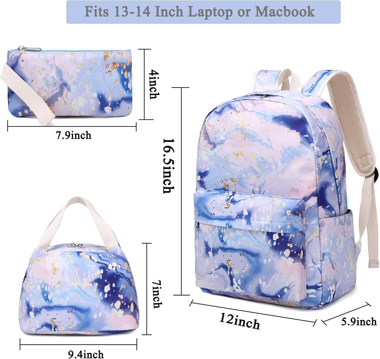 School Backpacks Set for Teen Girls with Lunch Bag Travel Laptop Backpack Casual Daypacks (Blue Golden) - Image 4