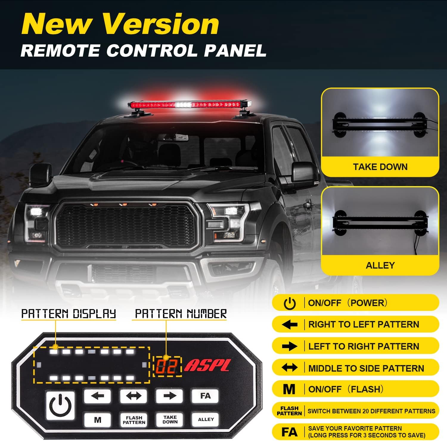 ASPL 31" 62 LED Strobe Light Bar With Remote Control Double Side Flashing Emergency Warning Flash Strobe Light with 28 Strong Magnets for Safety Construction Vehicles Tow Trucks Pickup (Red/White/Red)
