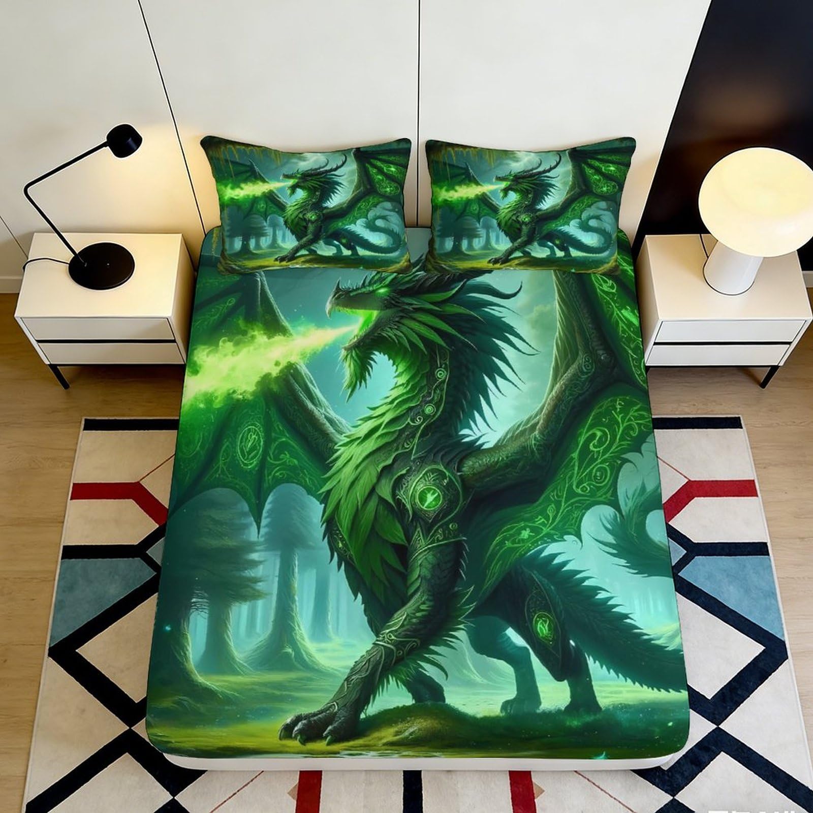 3D Printed Dragon Fitted Sheet Microfiber Non-Slip Deep Pocket Fantasy Dragon Mattress Fitted Cover for Bedroom, Adults, Teens 200x200x25cm 90x200x25cm
