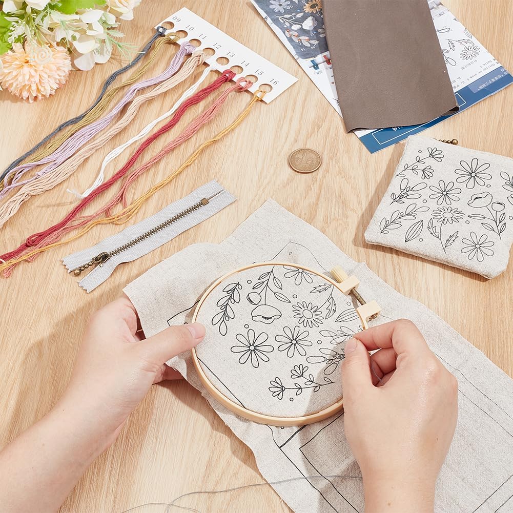 PLIGREAT DIY White Embroidery Coin Purse Kit Vintage Flower Leaves Handmade Bag Cross Stitch Kit with Complete Tools Embroidery Sewing Craft for Adults Beginner Birthday Gift