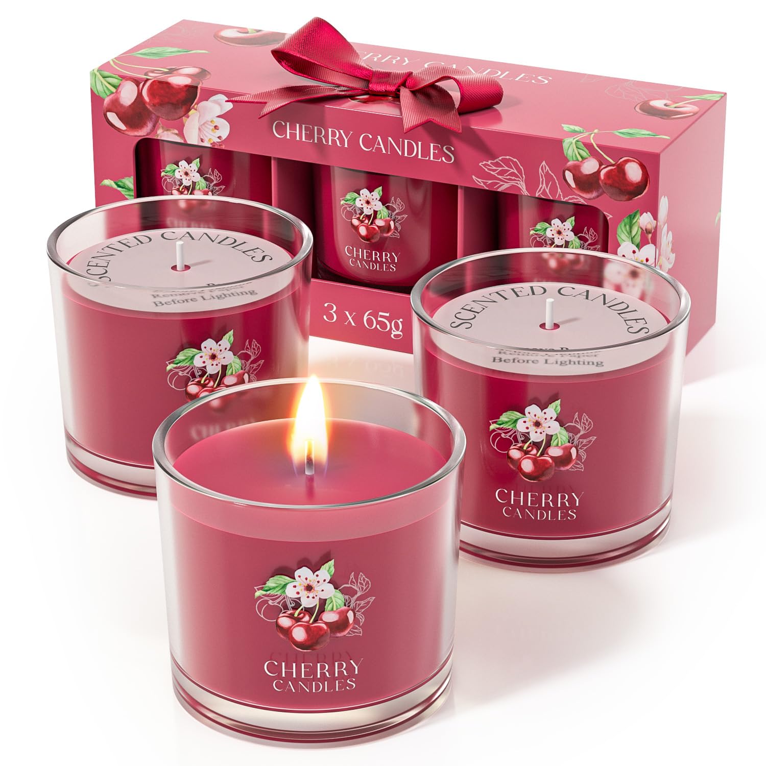 CHILLFLAME Bougie Cerise - Coffret de bougies parfumées pour femmes, coffret de 3 bougies votives, cadeau d'anniversaire pour femmes/hommes (rouge, 200g)